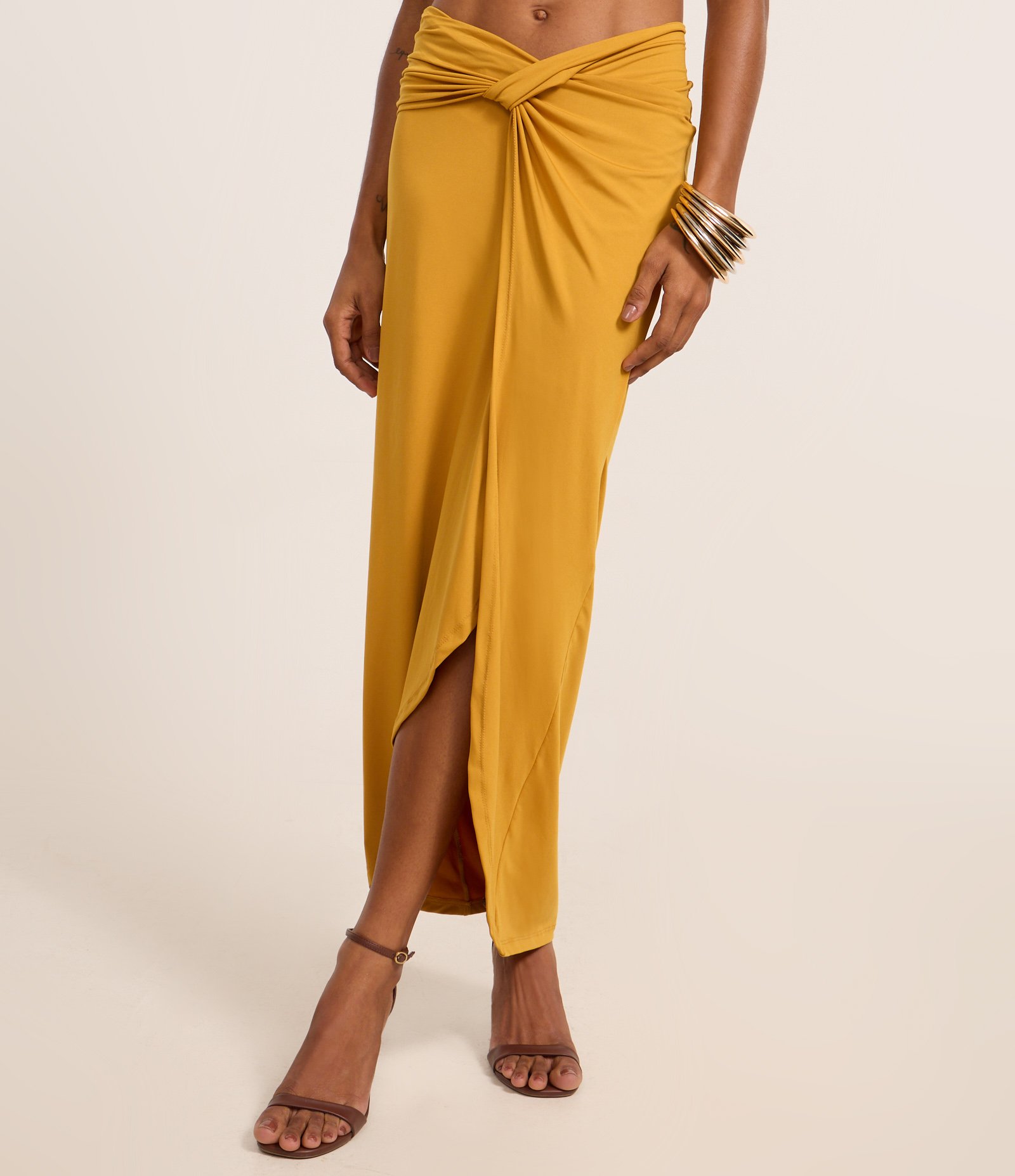 Saia New Midi em Jersey com Transpassado na Cintura Dourado 3