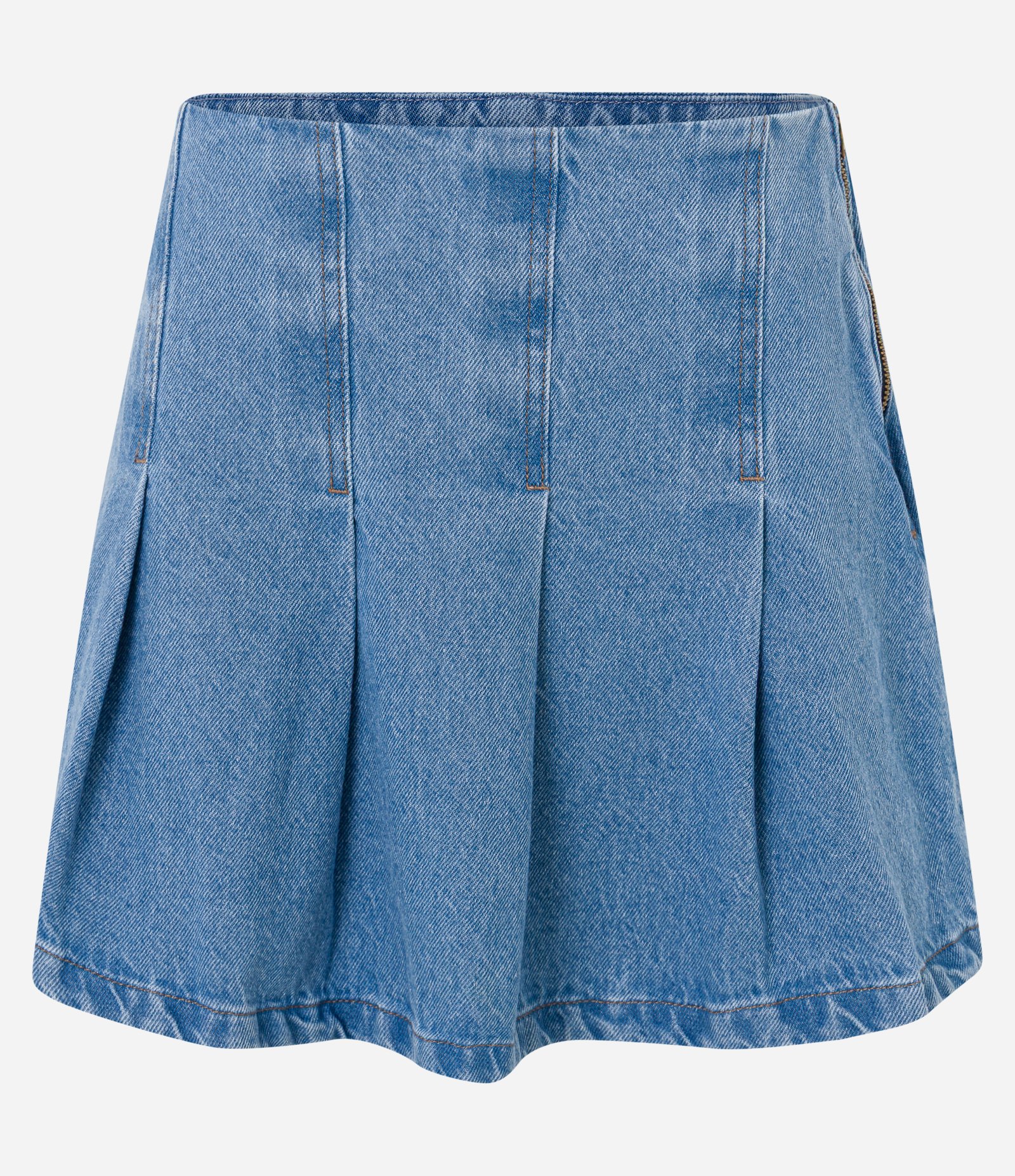 Saia Evasê Curta em Jeans Plissado com Recortes Claro 5