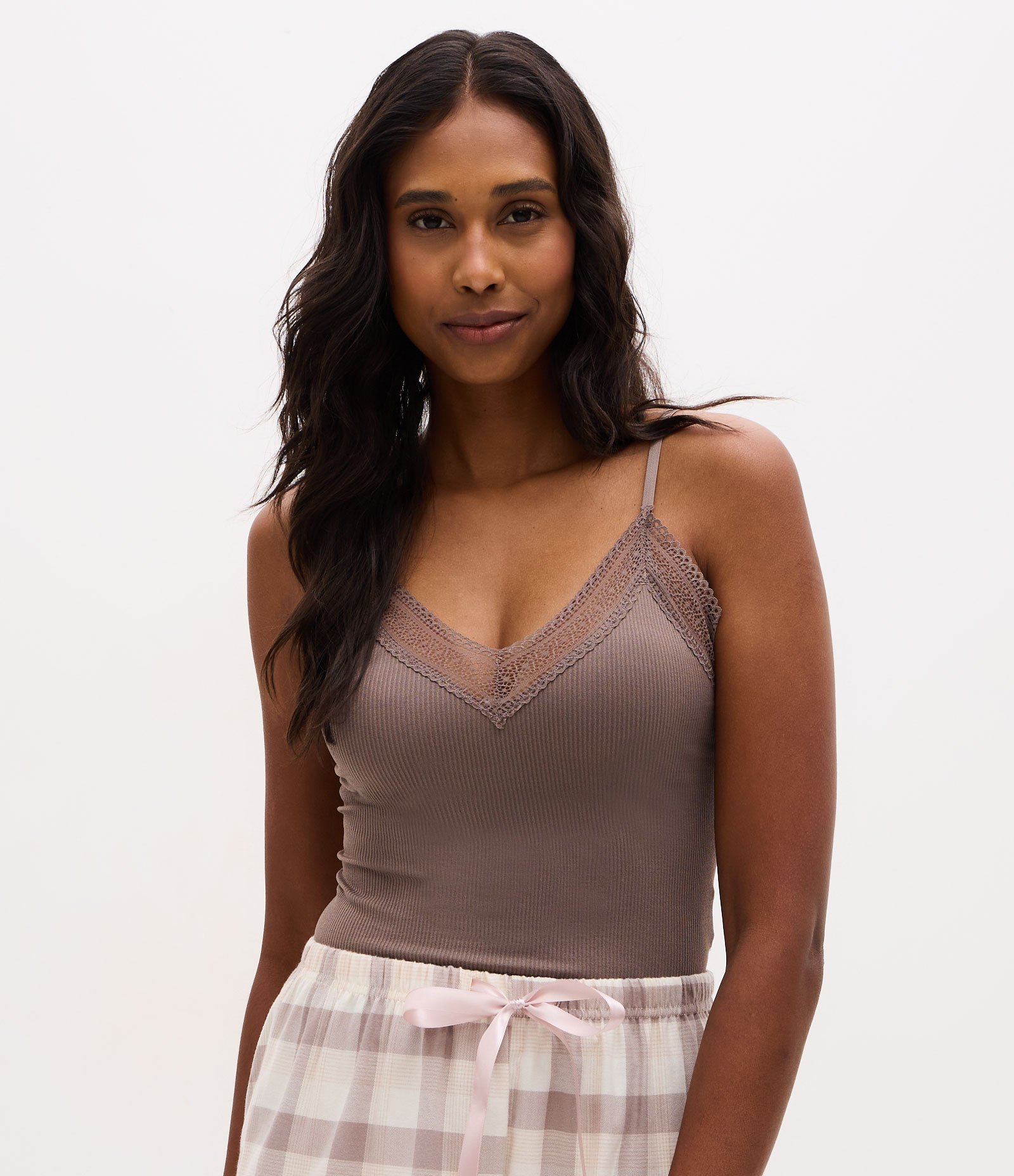 Blusa de Pijama Seamless com Rendinha Marrom 1