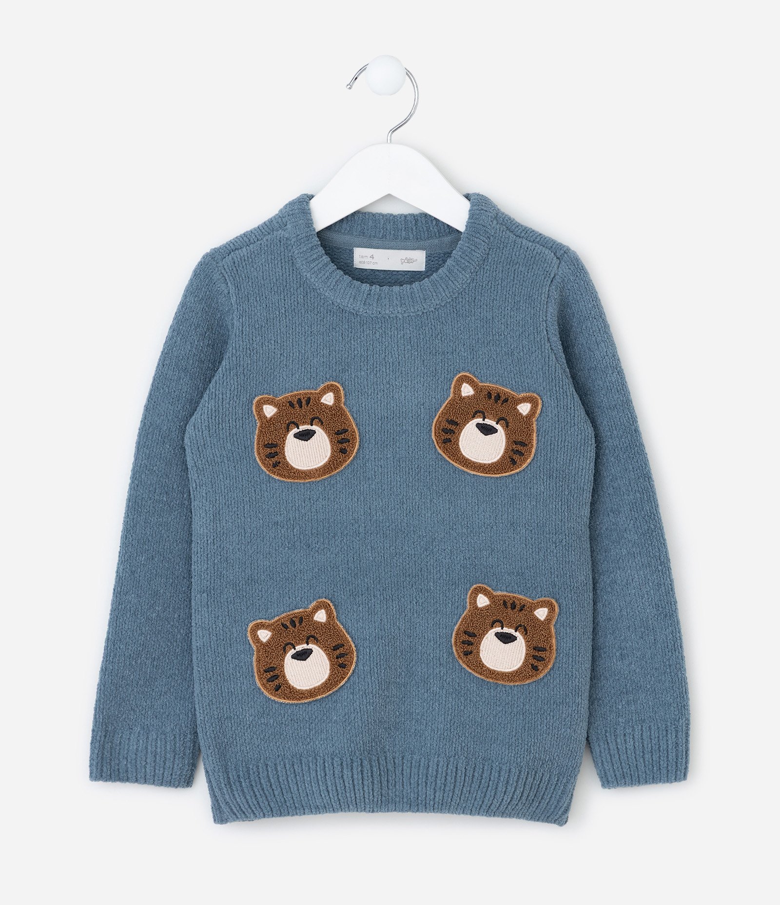 Suéter Infantil em Chenille com Patches de Ursinho – Tam 1 a 5/6 Anos Azul 2