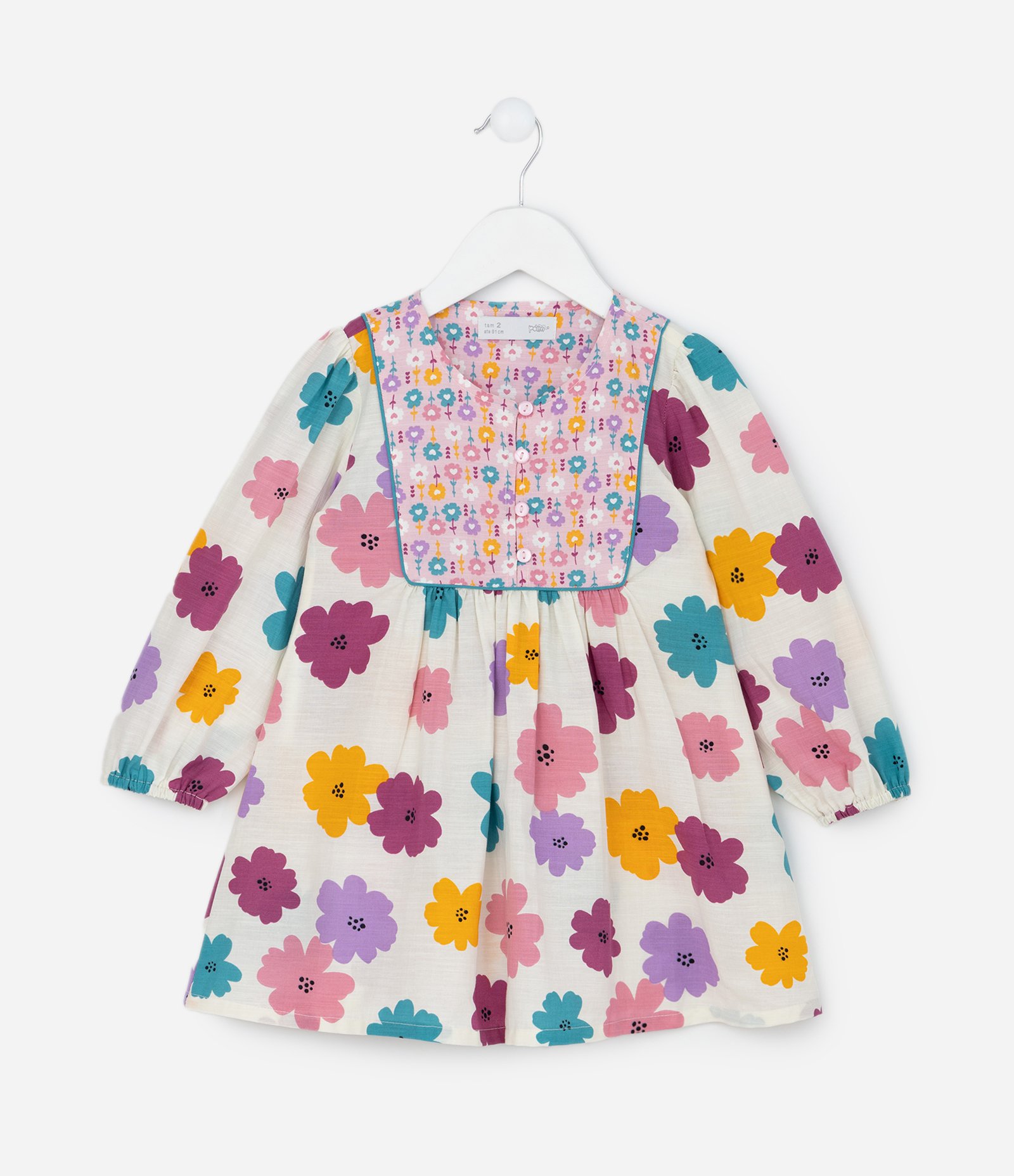 Vestido Infantil com Babador e Estampa Floral – Tam 1 a 5/6 Anos Off White 1