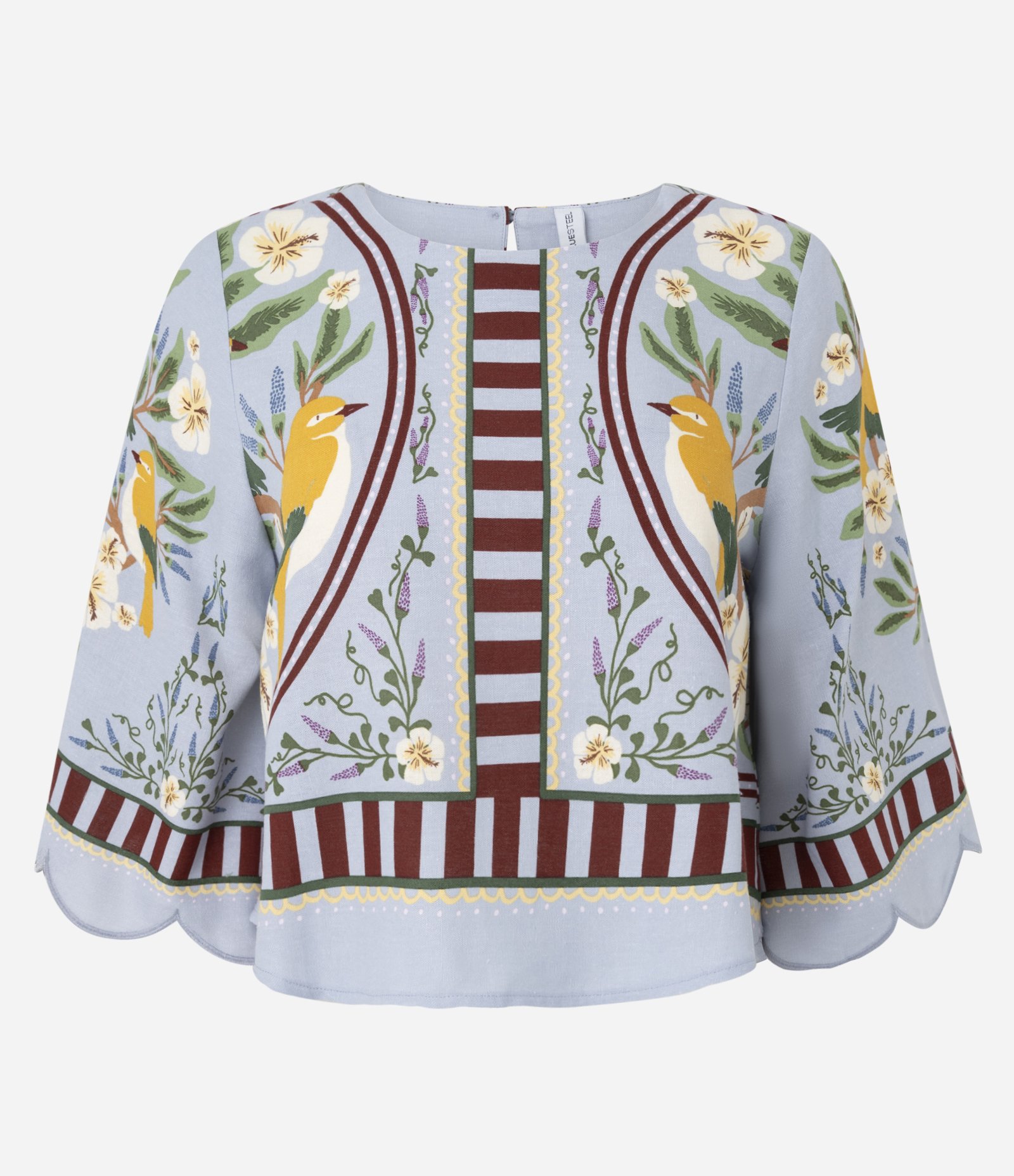 Blusa Viscolinho Estampa Pássaros com Manga 3/4 Azul 1