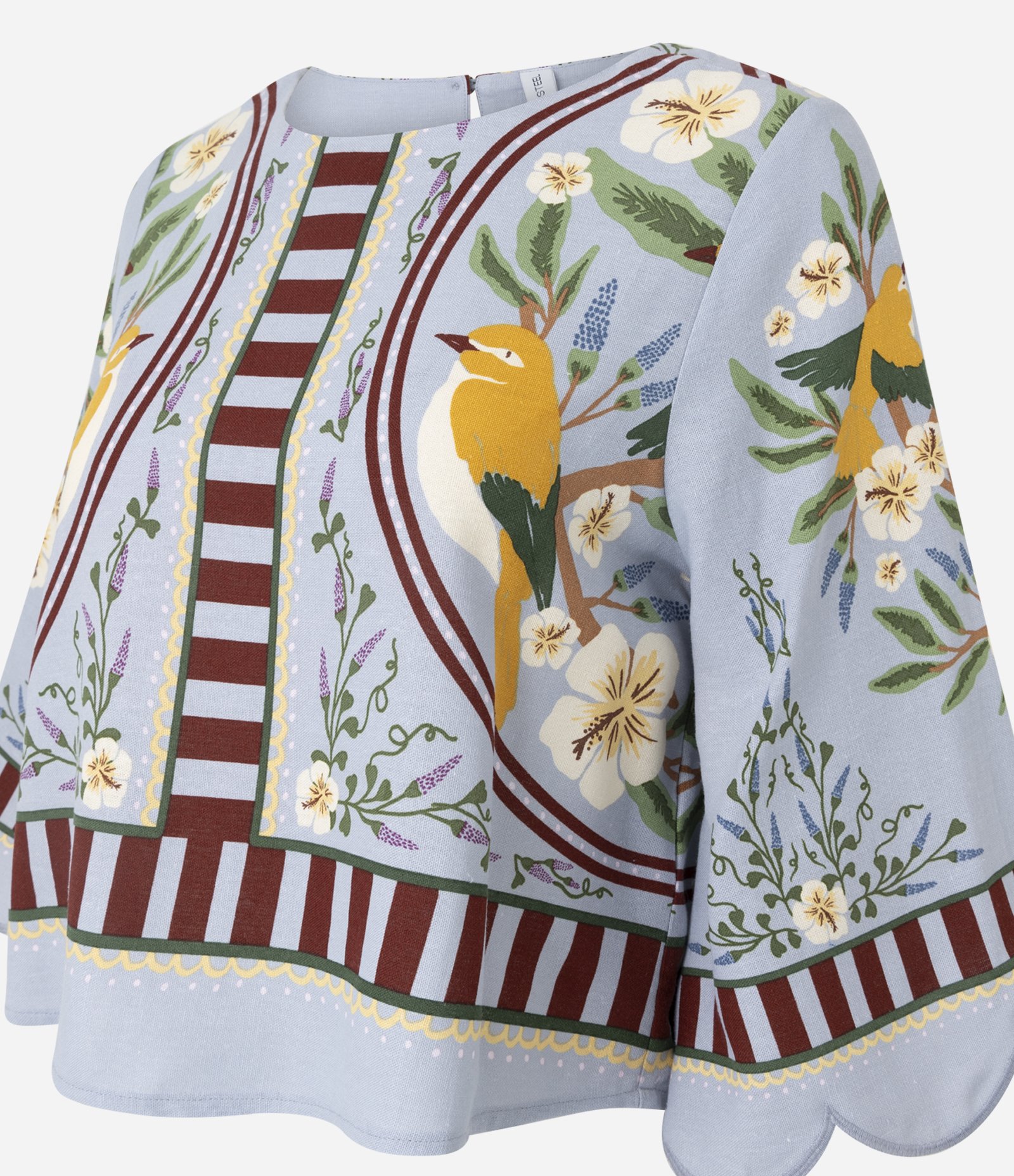 Blusa Viscolinho Estampa Pássaros com Manga 3/4 Azul 2