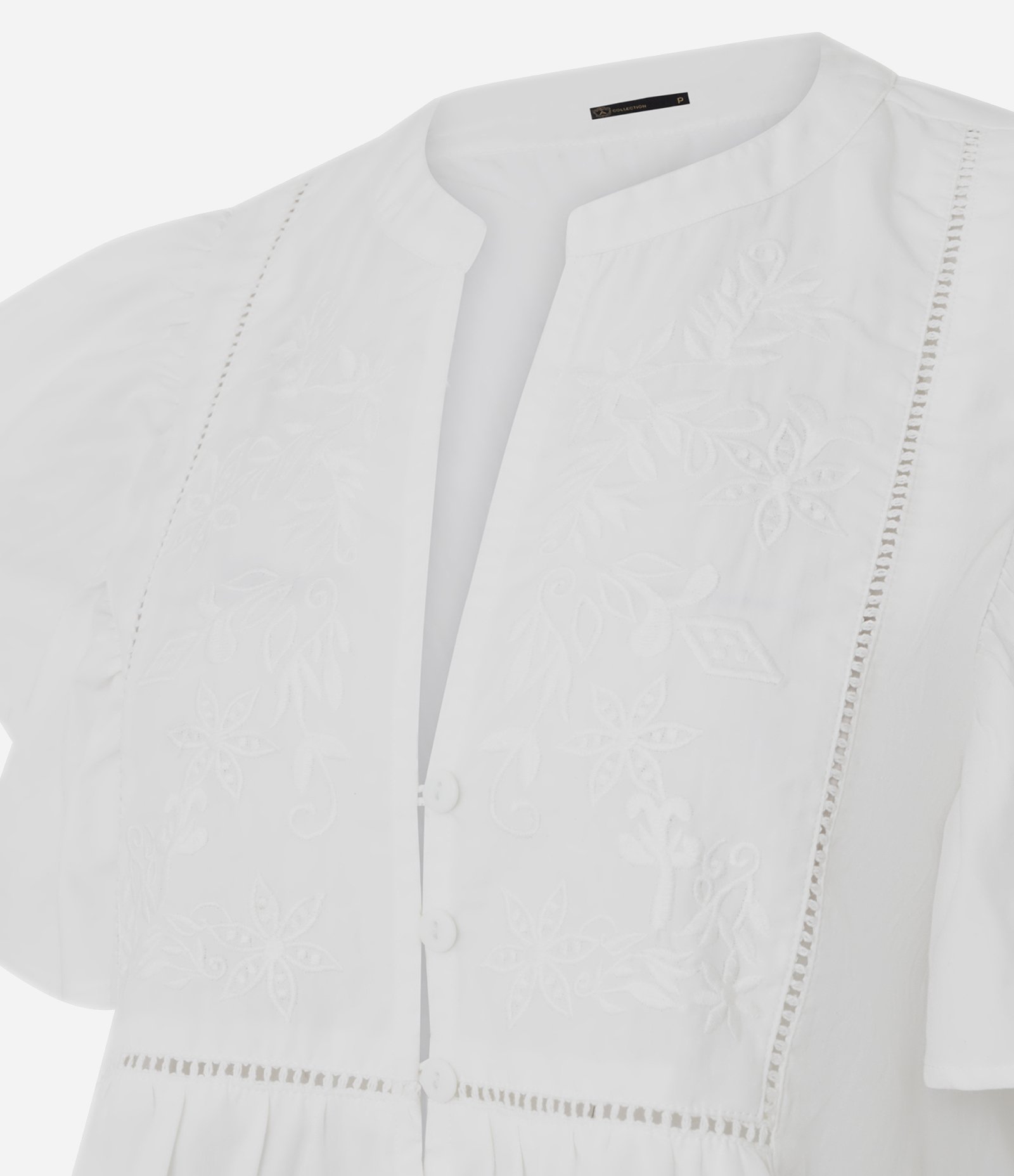 Blusa em Algodão com Entremeios Vazados e Bordados Frontais Branco 6