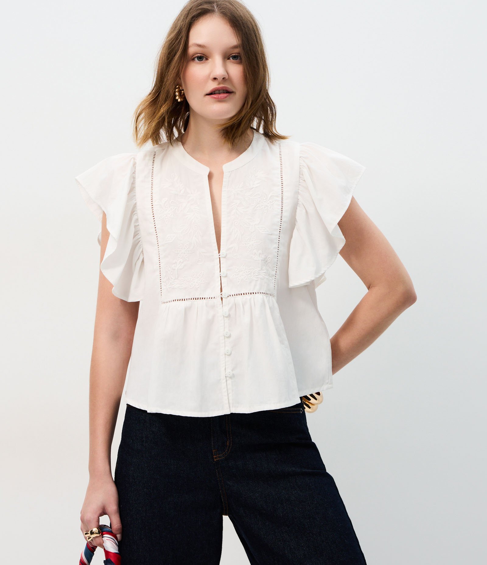 Blusa em Algodão com Entremeios Vazados e Bordados Frontais Branco 1