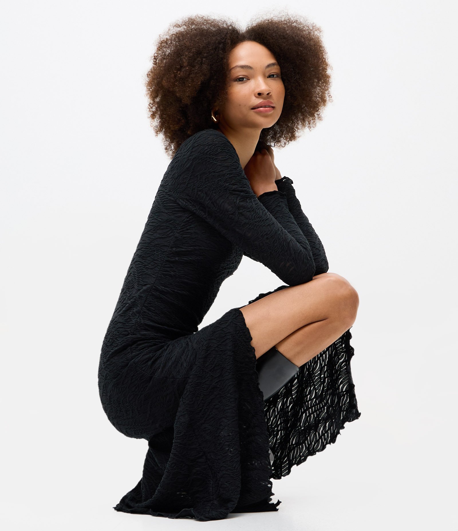 Vestido Longo Evasê Texturizado Preto 1