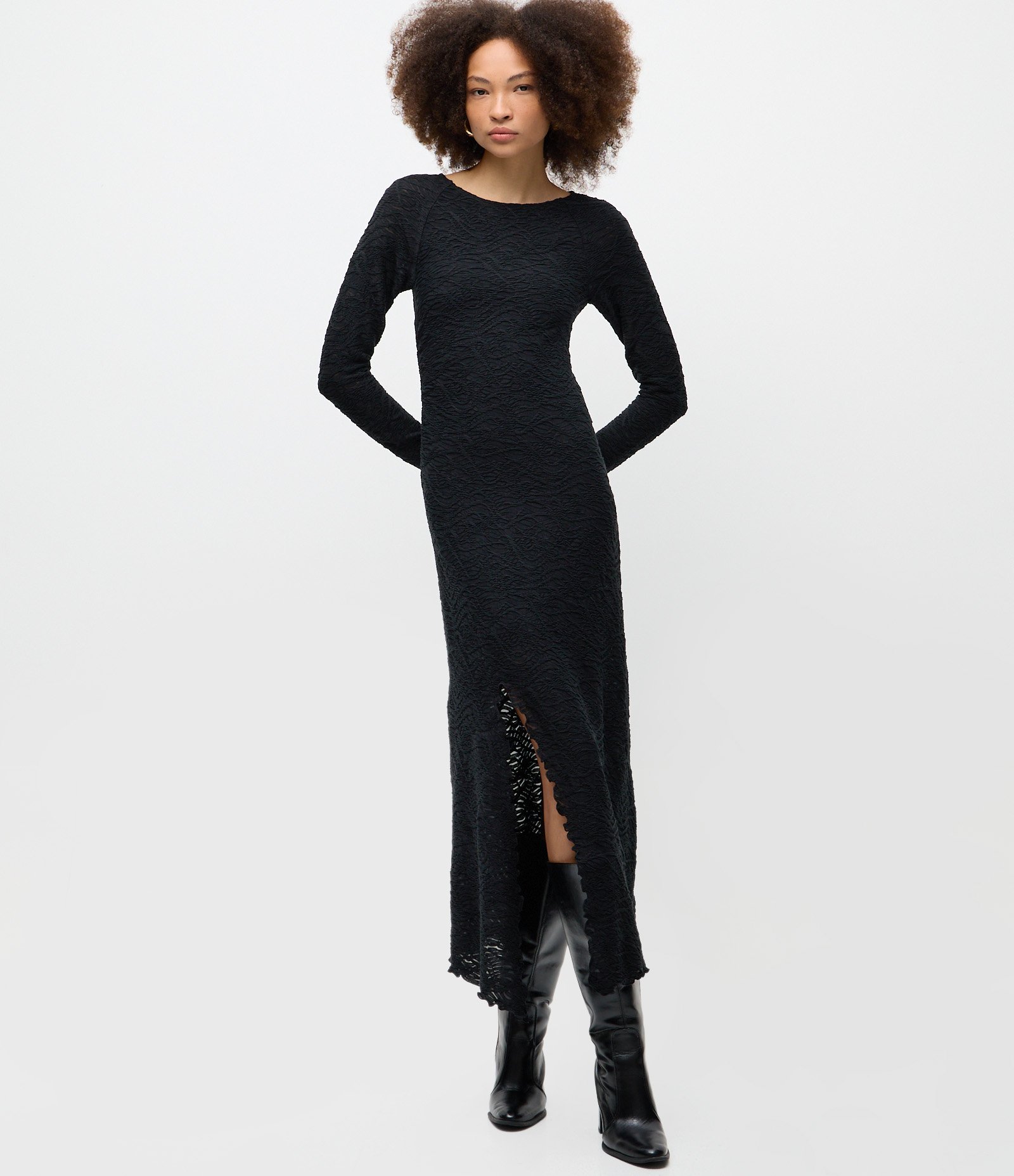 Vestido Longo Evasê Texturizado Preto 2