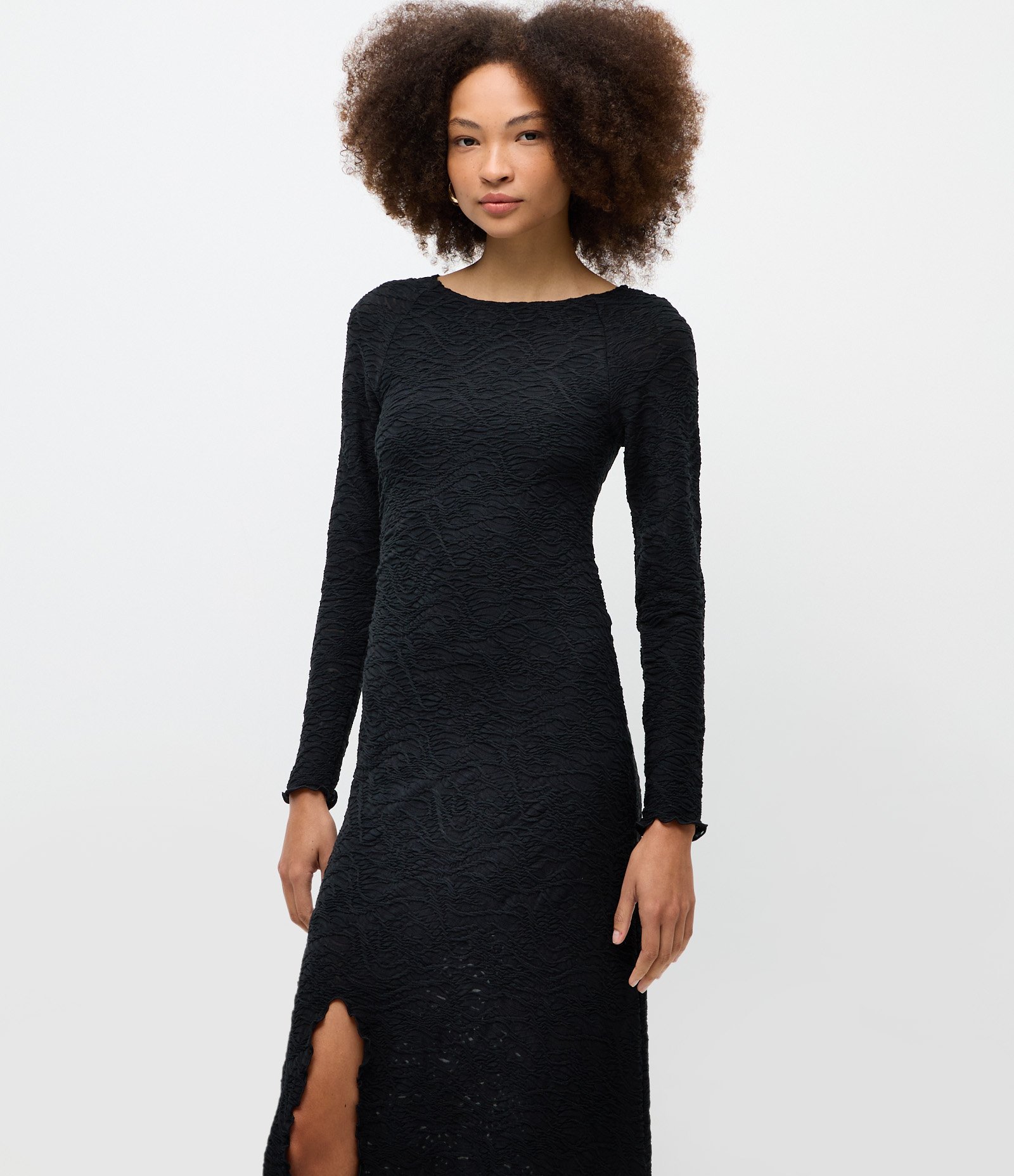Vestido Longo Evasê Texturizado Preto 3