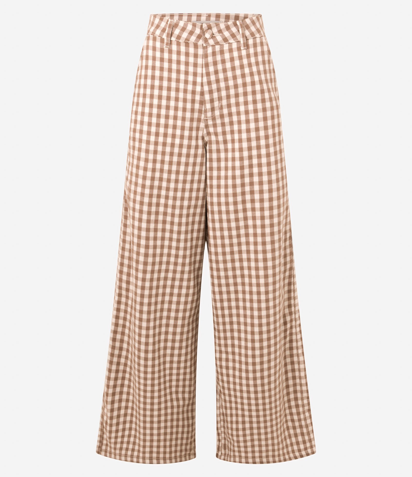 Calça Wide Leg em Sarja com Estampa Xadrez e Botão Forrado Bege 5