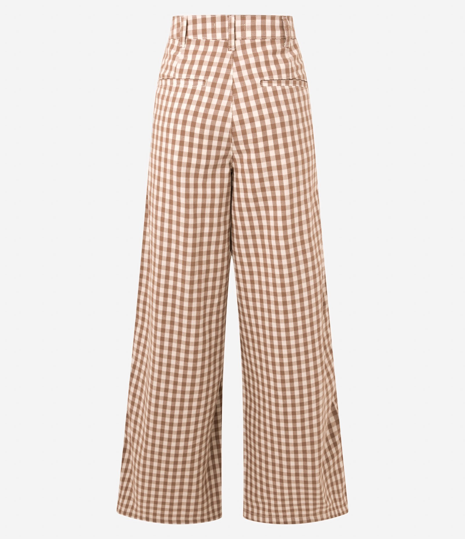 Calça Wide Leg em Sarja com Estampa Xadrez e Botão Forrado Bege 6