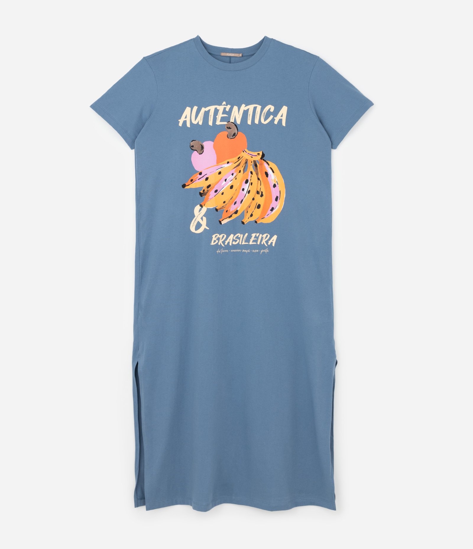 Vestido T-shirt em Algodão com Estampa Tropical e Fendas Curve & Plus Size Azul 5