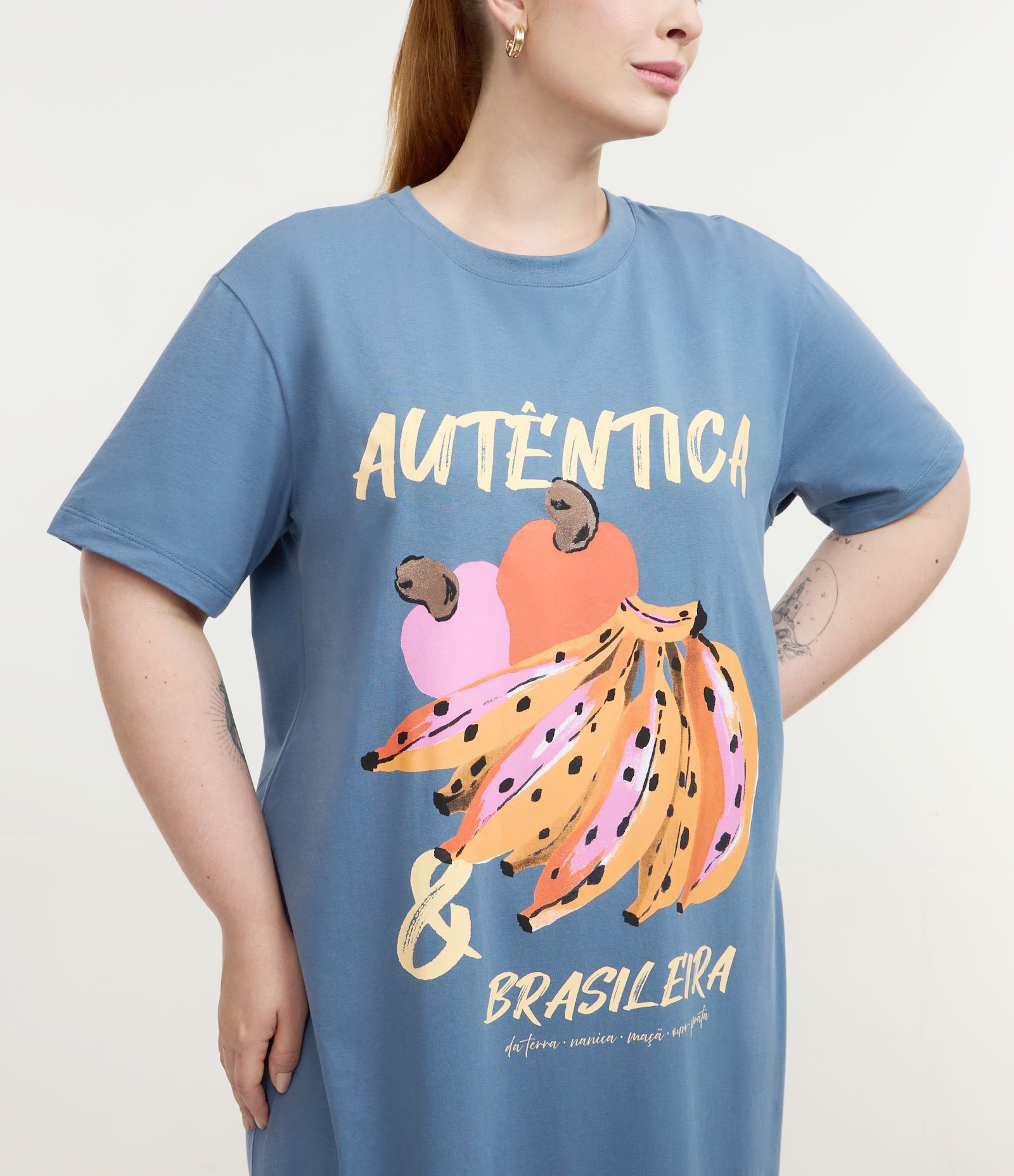 Vestido T-shirt em Algodão com Estampa Tropical e Fendas Curve & Plus Size Azul 4