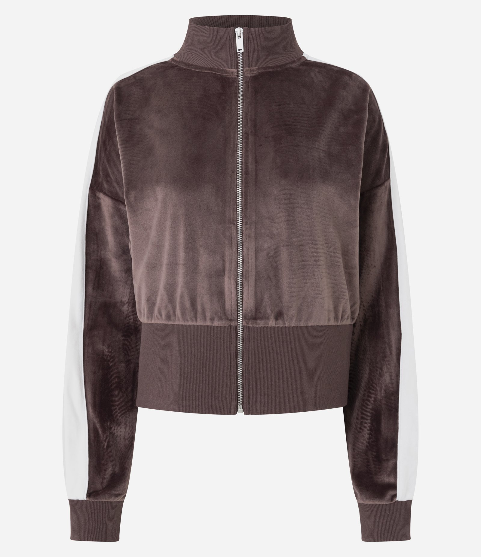 Casaco em Plush com Gola Alta e Listra Lateral Marrom 5