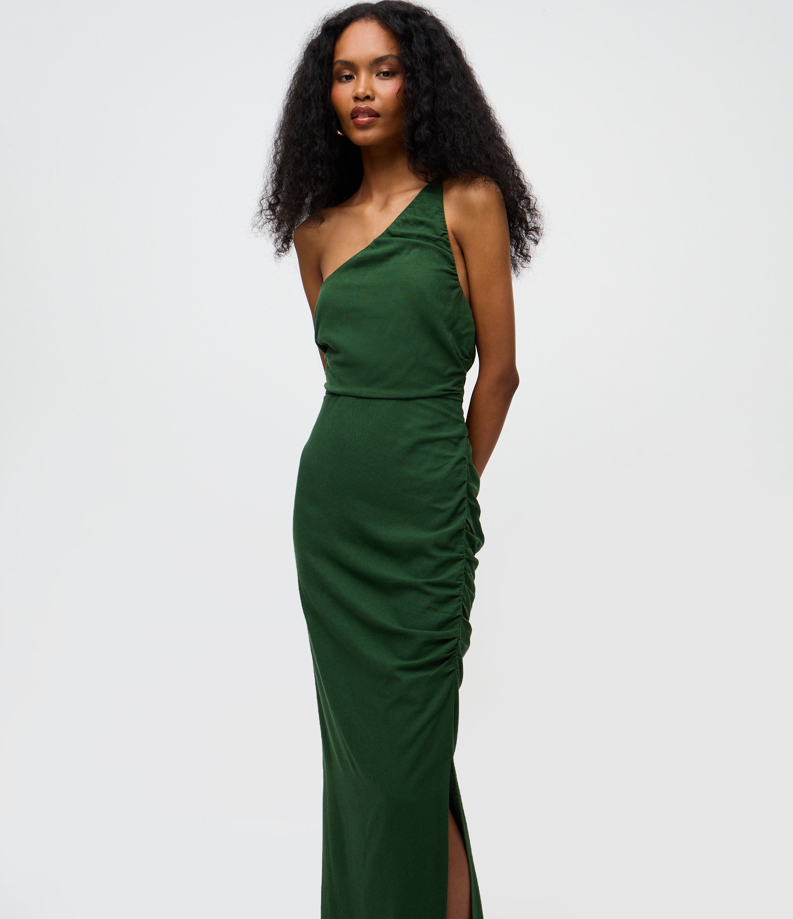 Vestido Midi Um Ombro Só com Fenda Lateral Verde 2