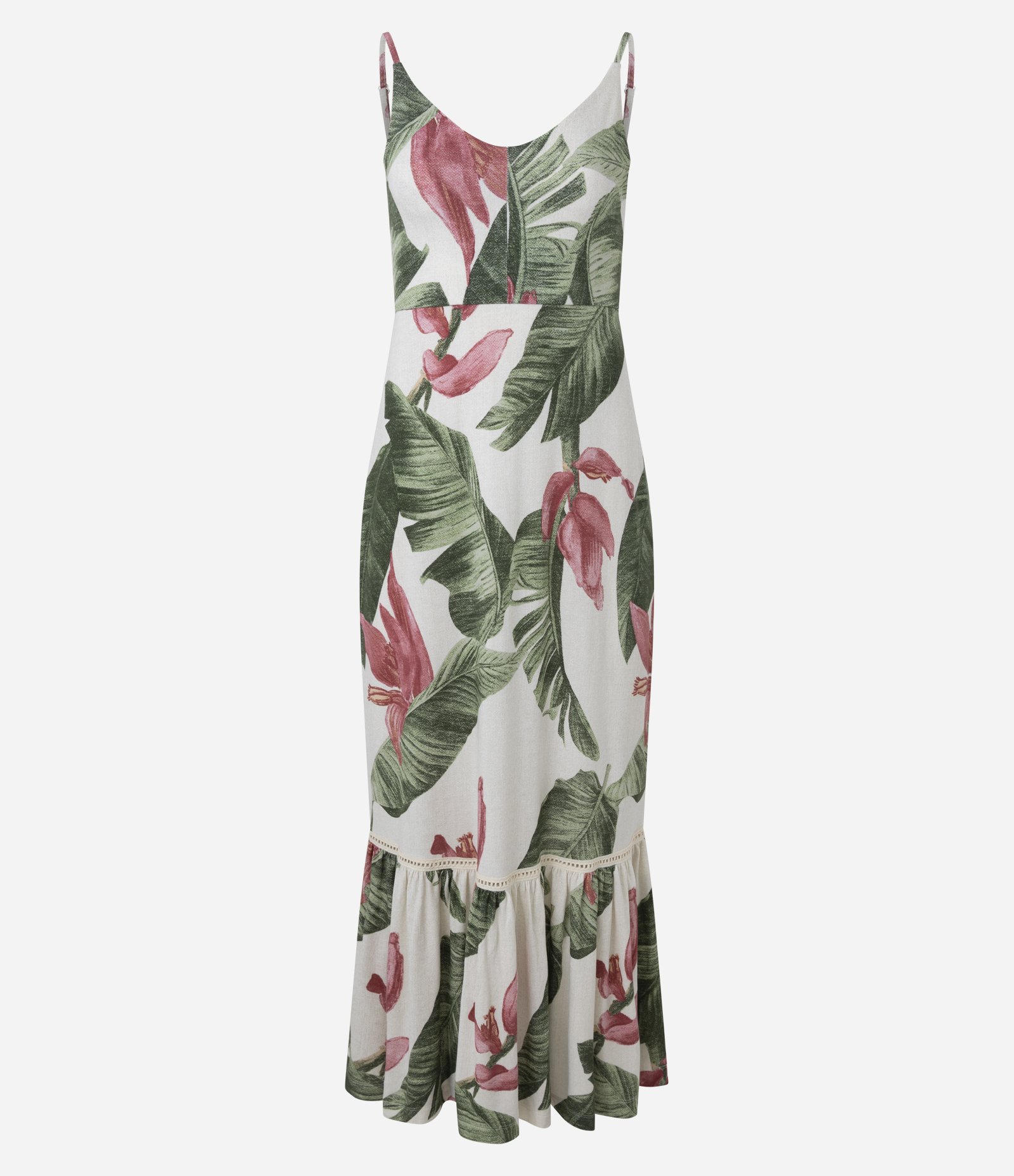 Vestido Long Midi de Alça em Viscose com Estampa Folhagem Multicores 5