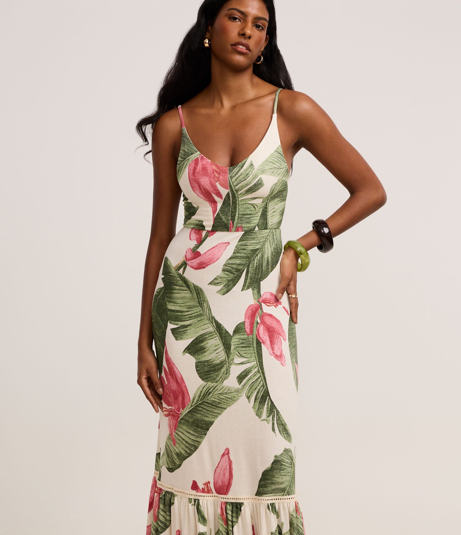 Vestido Long Midi de Alça em Viscose com Estampa Folhagem Multicores 2