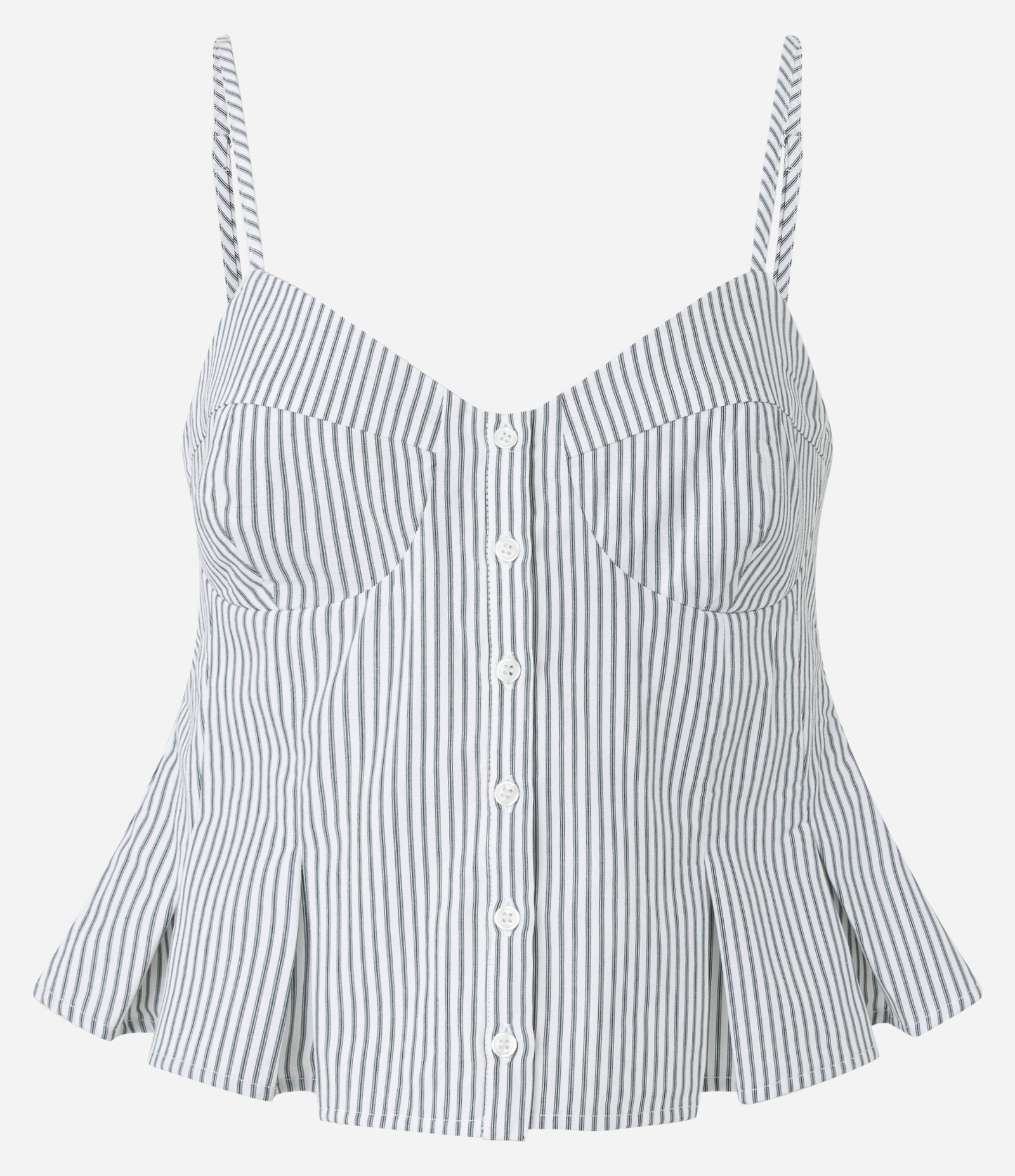 Blusa Listrada em Tricoline com Decote Coração e Pregas na Barra Branco 1