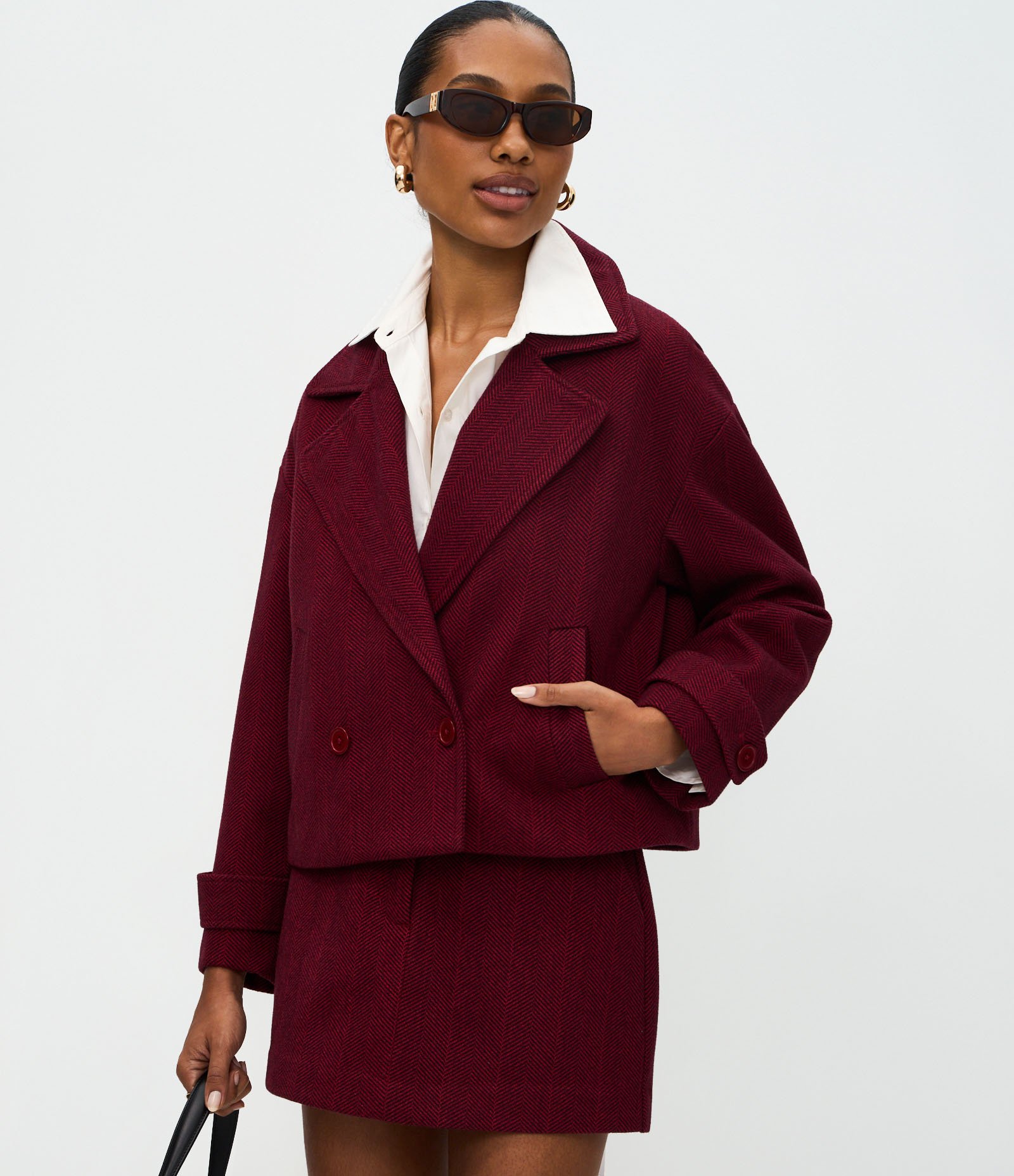 Casaco Regular com Gola Blazer e Padronagem Espinha de Peixe Vermelho 1