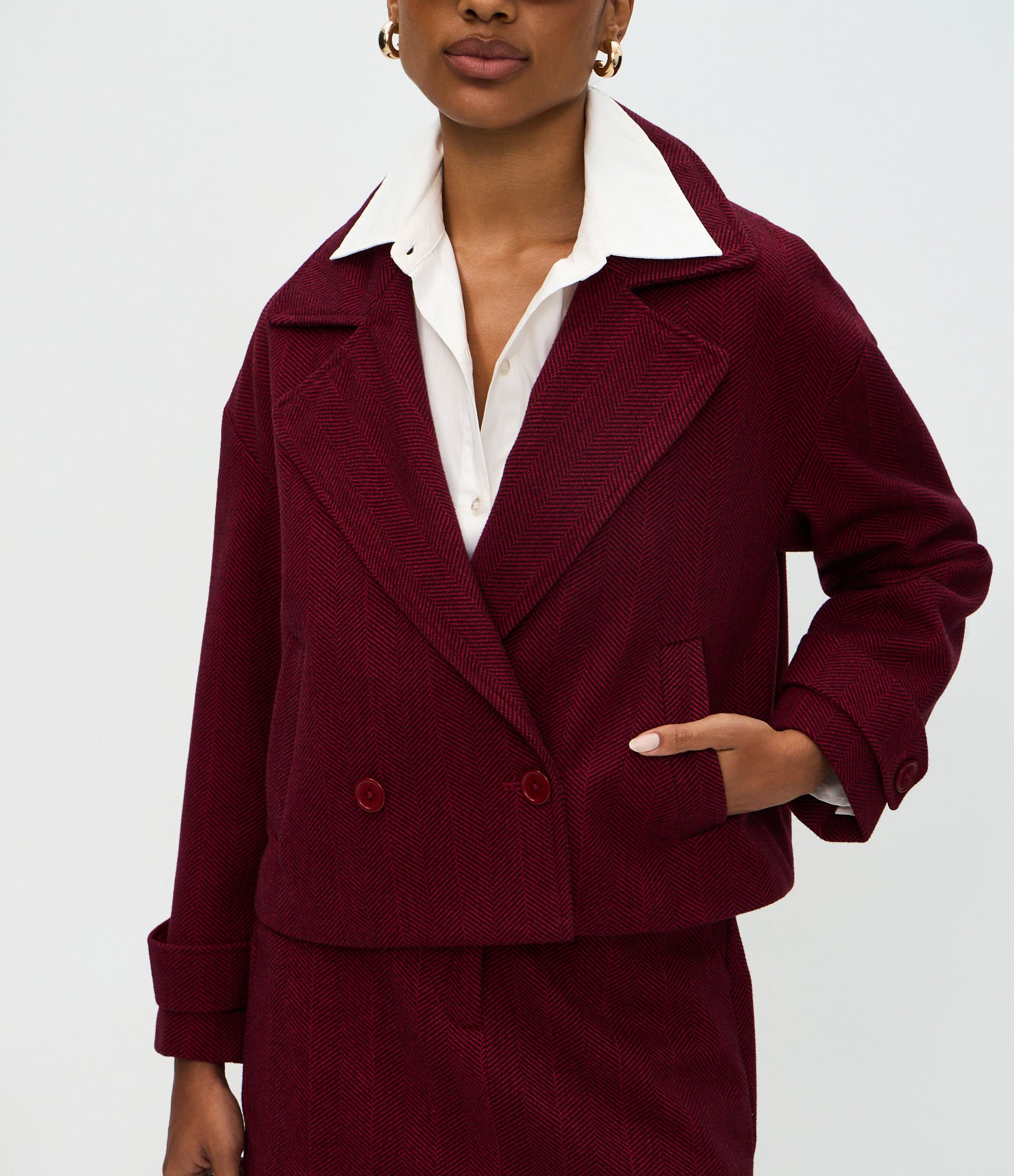 Casaco Regular com Gola Blazer e Padronagem Espinha de Peixe Vermelho 4