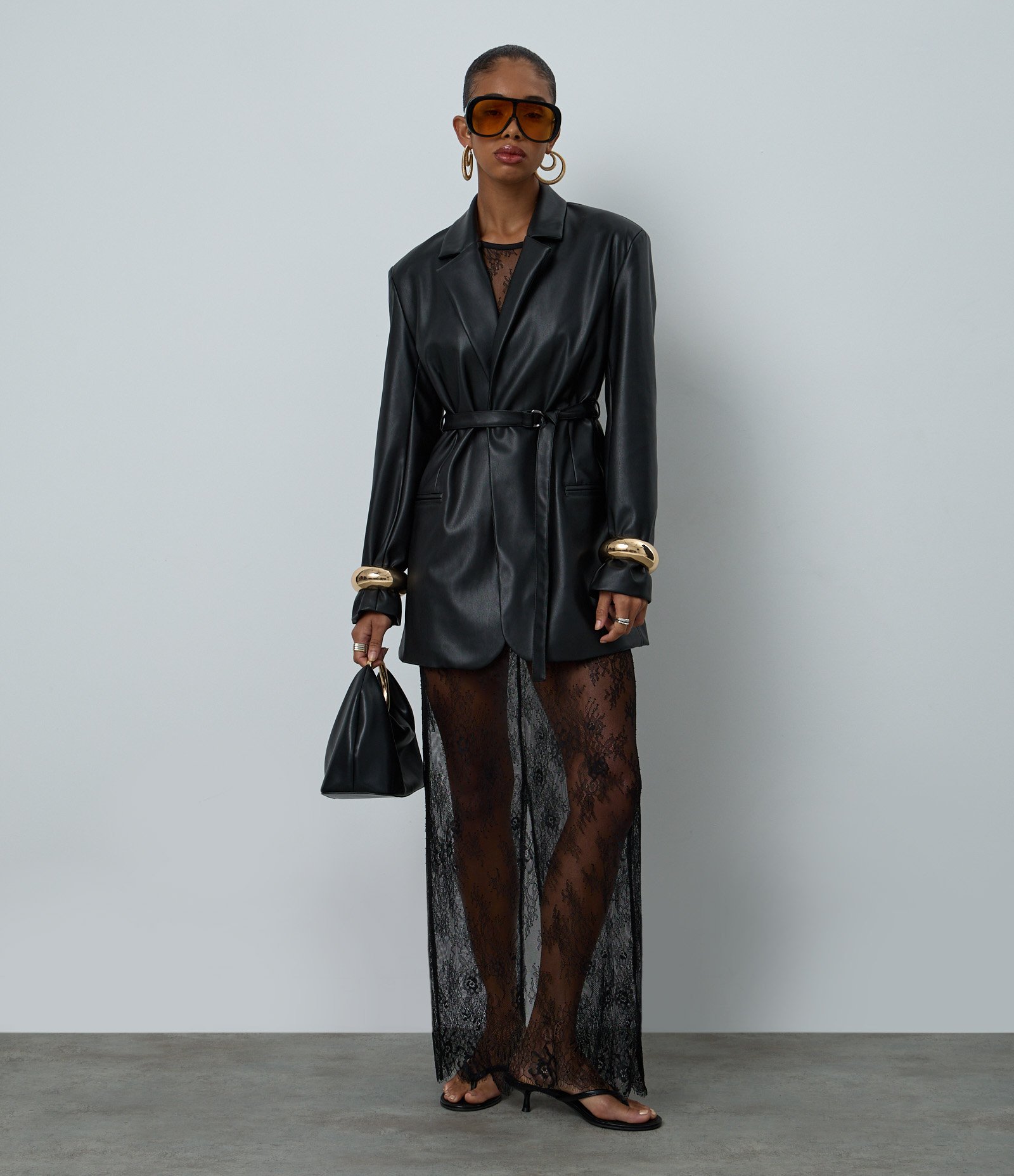 Blazer Alongado em PU com Amarração na Cintura Preto 1