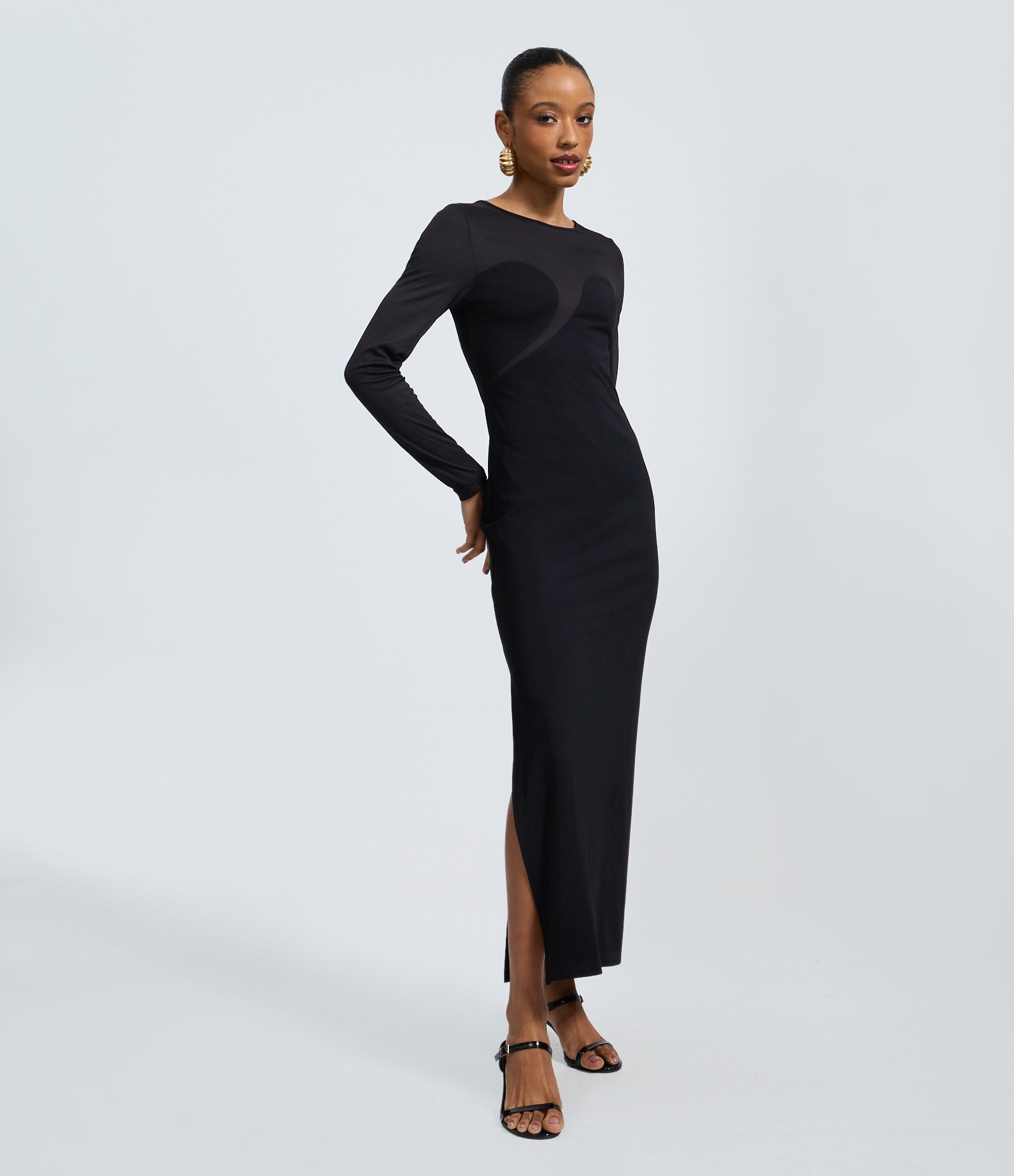 Vestido Midi Ajustado em Tule com Recorte Frontal Preto 1