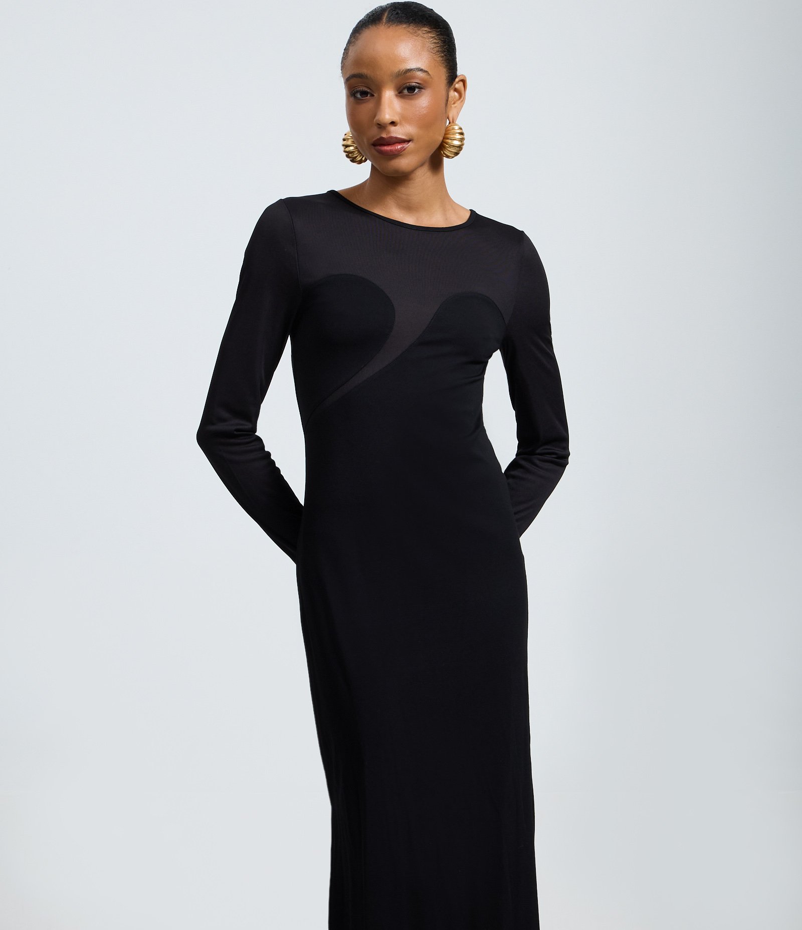 Vestido Midi Ajustado em Tule com Recorte Frontal Preto 2