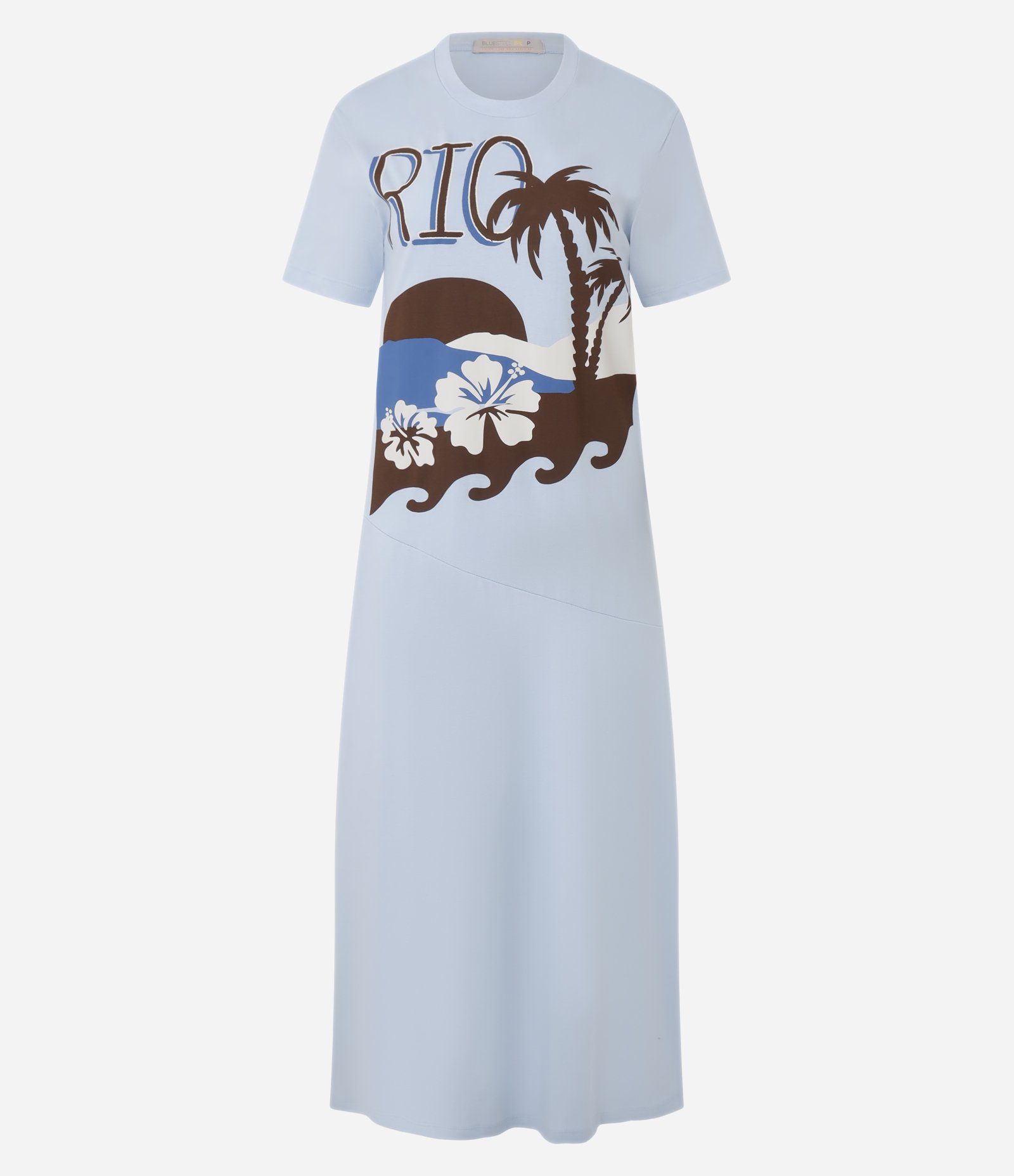 Vestido T-Shirt Midi em Algodão com Estampa Praia Azul 1