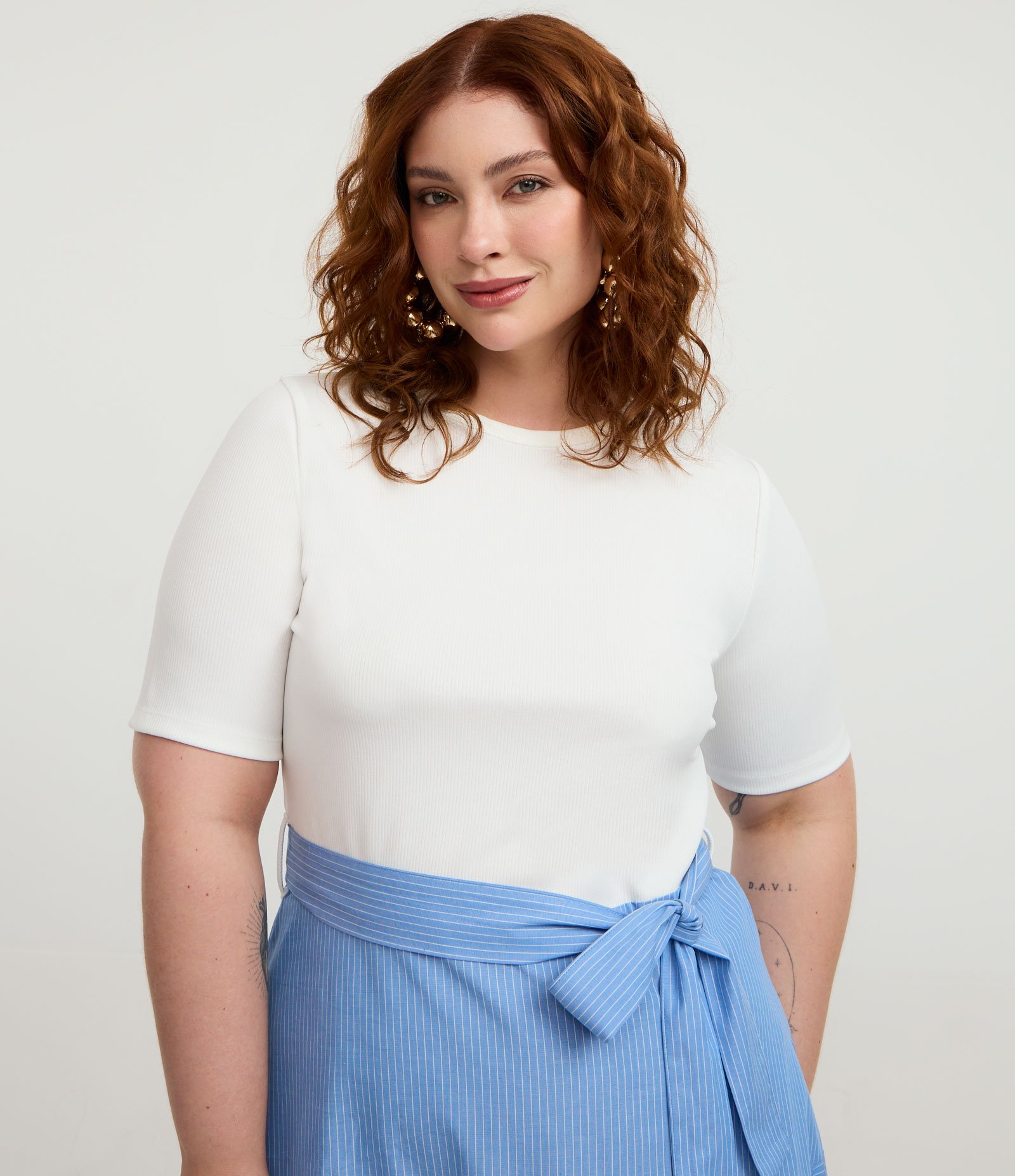 Vestido Midi em Algodão com Saia Listrada Curve & Plus Size Azul / Branco 1