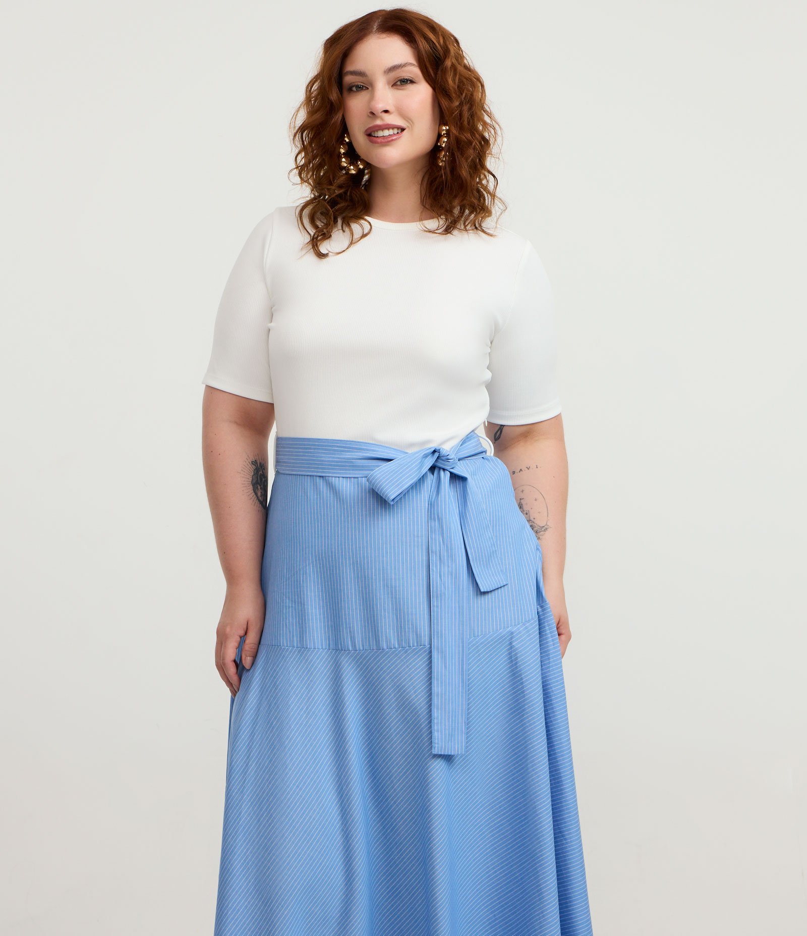 Vestido Midi em Algodão com Saia Listrada Curve & Plus Size Azul / Branco 2