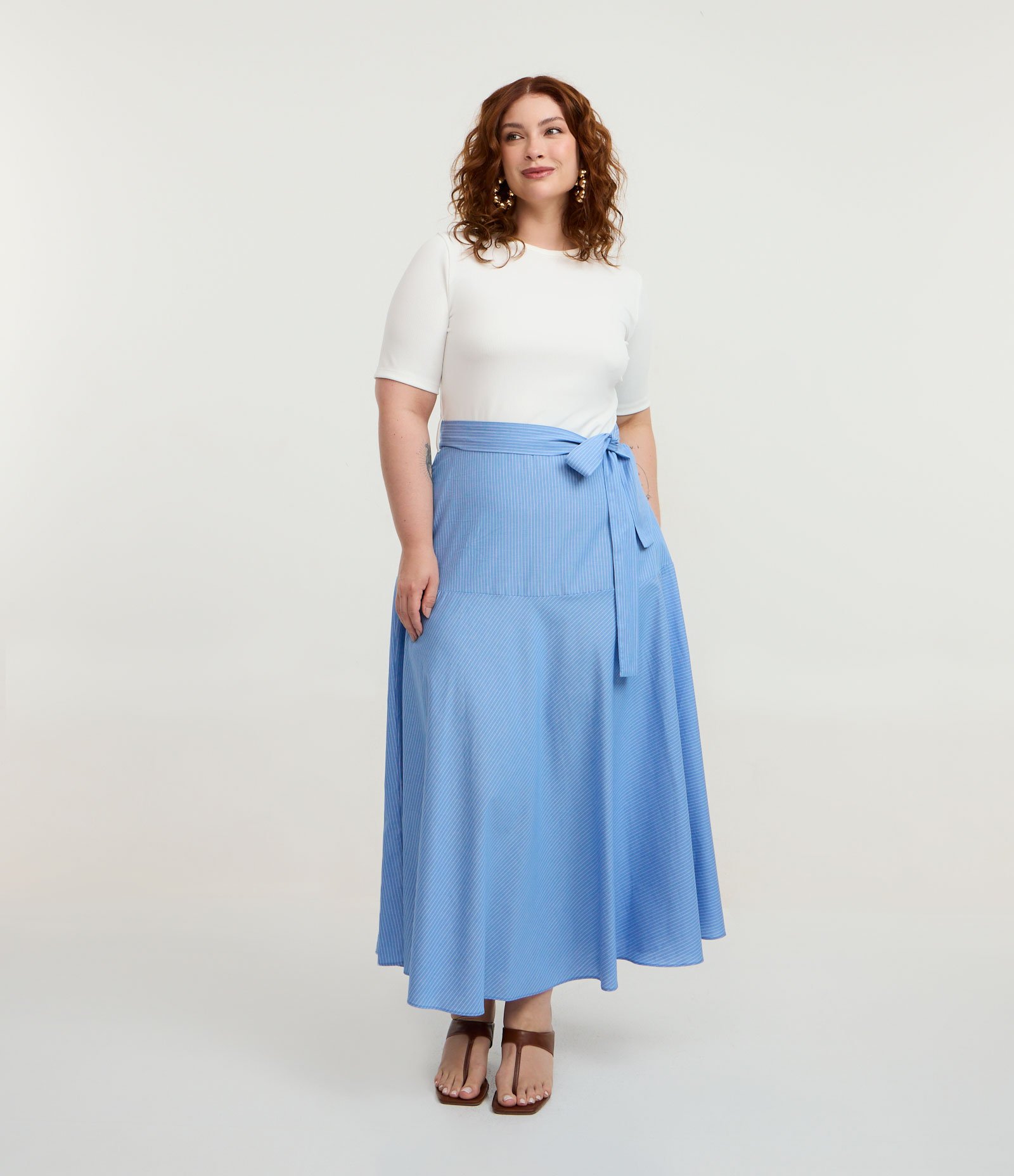 Vestido Midi em Algodão com Saia Listrada Curve & Plus Size Azul / Branco 3