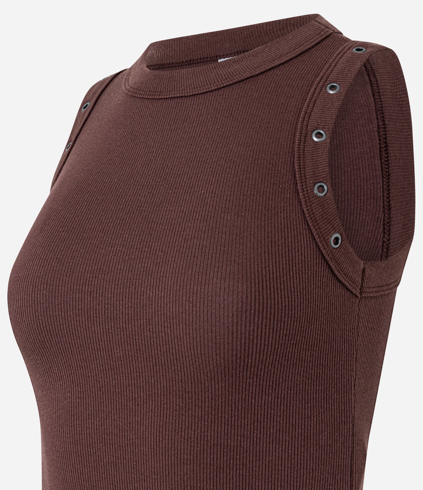 Blusa Regata em Ribana com Aviamento nos Viés Marrom 6