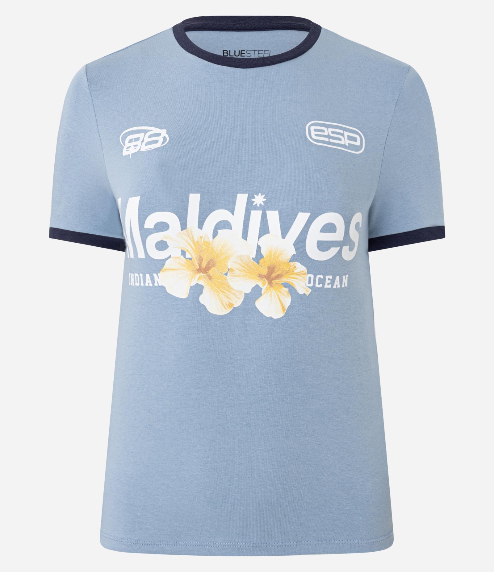 Camiseta New T-shirt com Viés Contrastantes e Estampa Maldives Azul 5