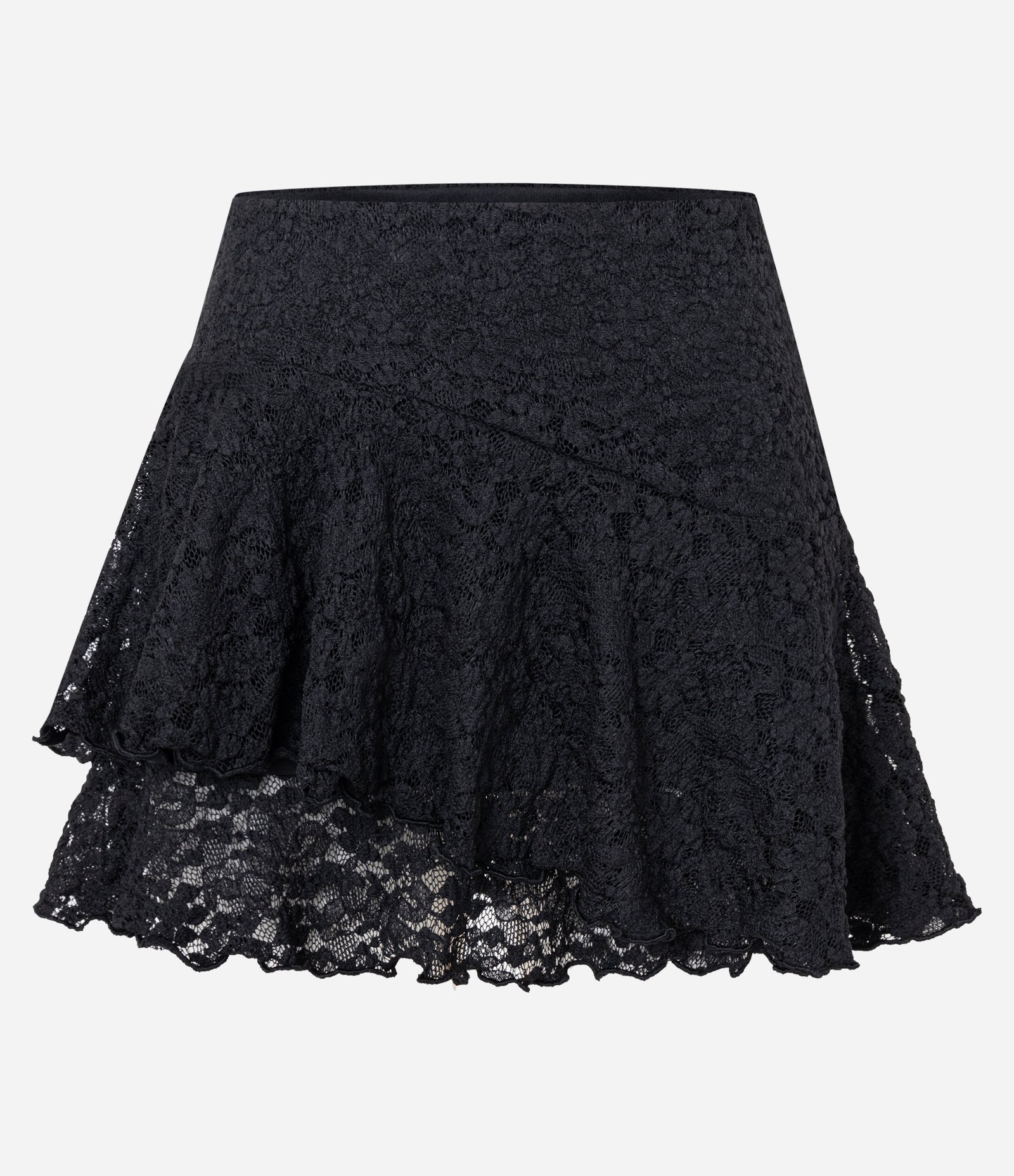 Saia Curta em Renda com Babado Assimétrico Preto 1