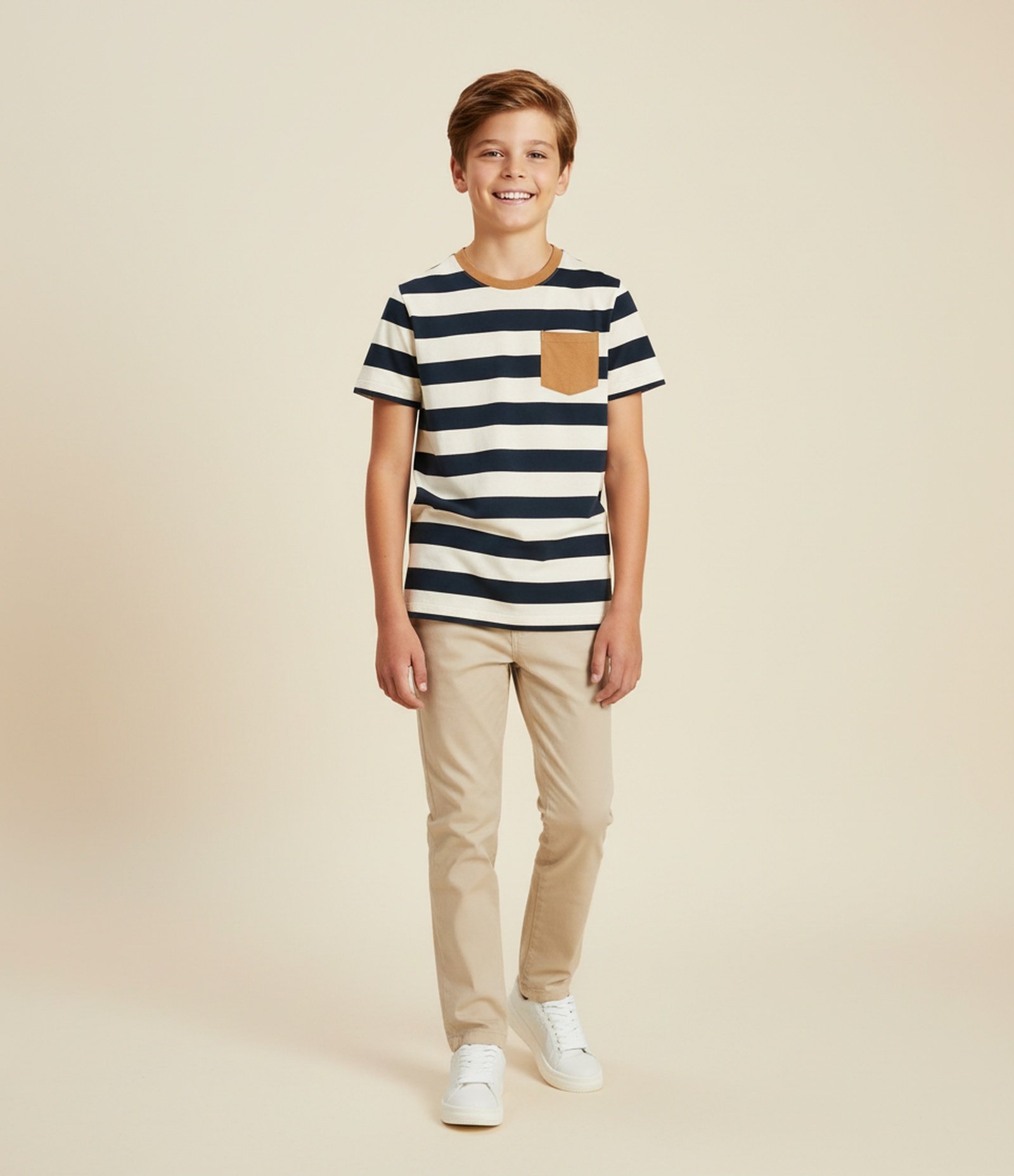 Camiseta Infantil Regular com Estampa de Listras e Bolso - Tam 5 a 14 Anos Bege/Azul 1