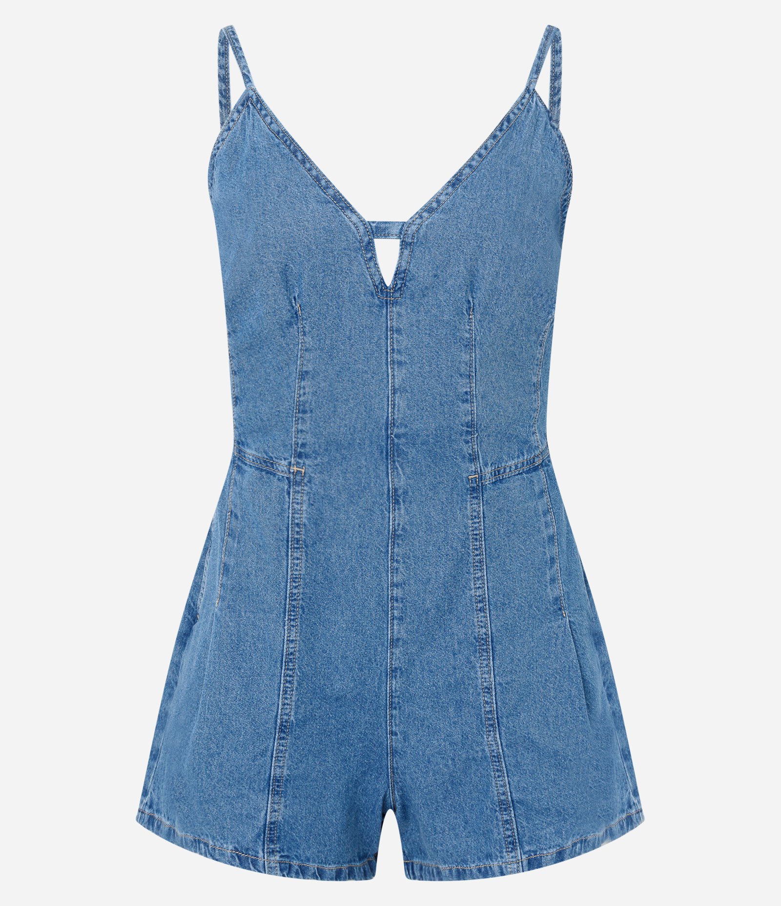 Macaquinho em Jeans com Decote V e Recortes Evasê Azul 4