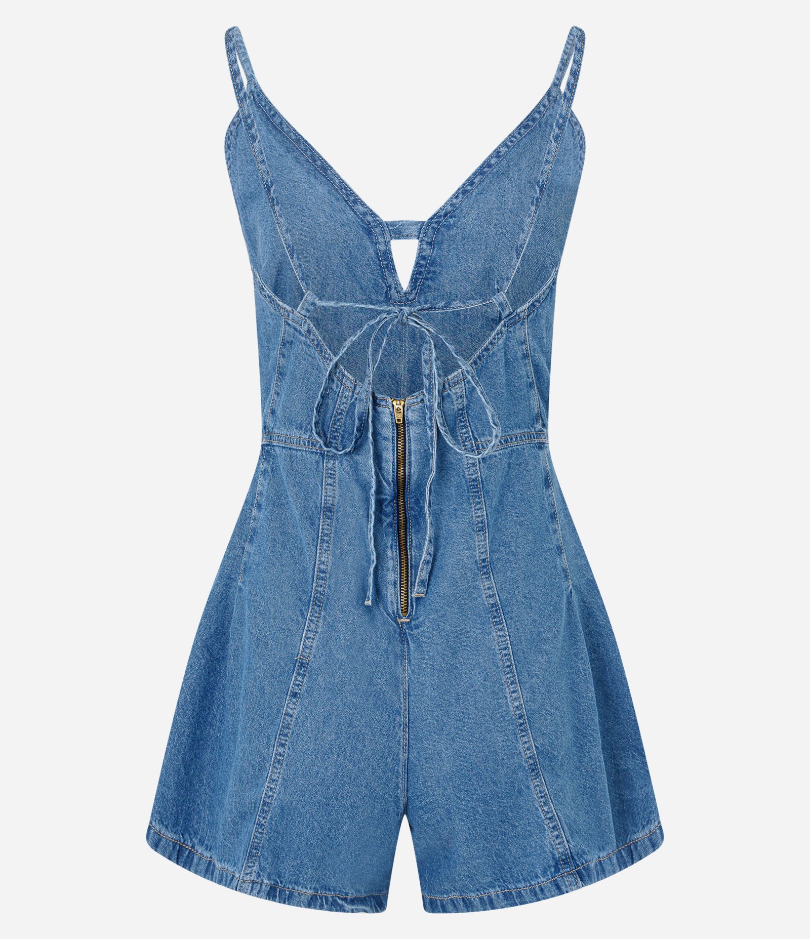 Macaquinho em Jeans com Decote V e Recortes Evasê Azul 5