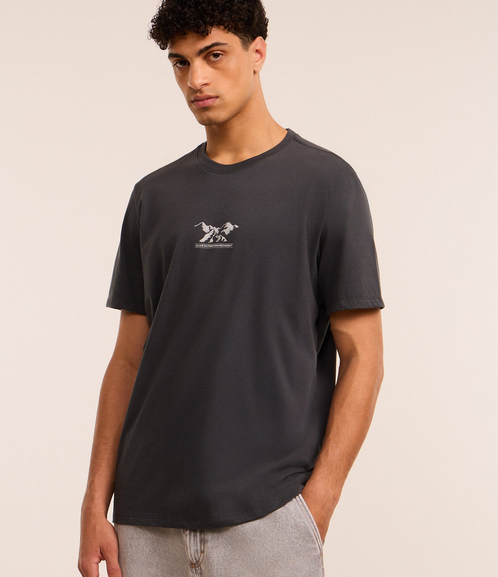 Camiseta em Algodão com Estampa Montanha Cinza 1