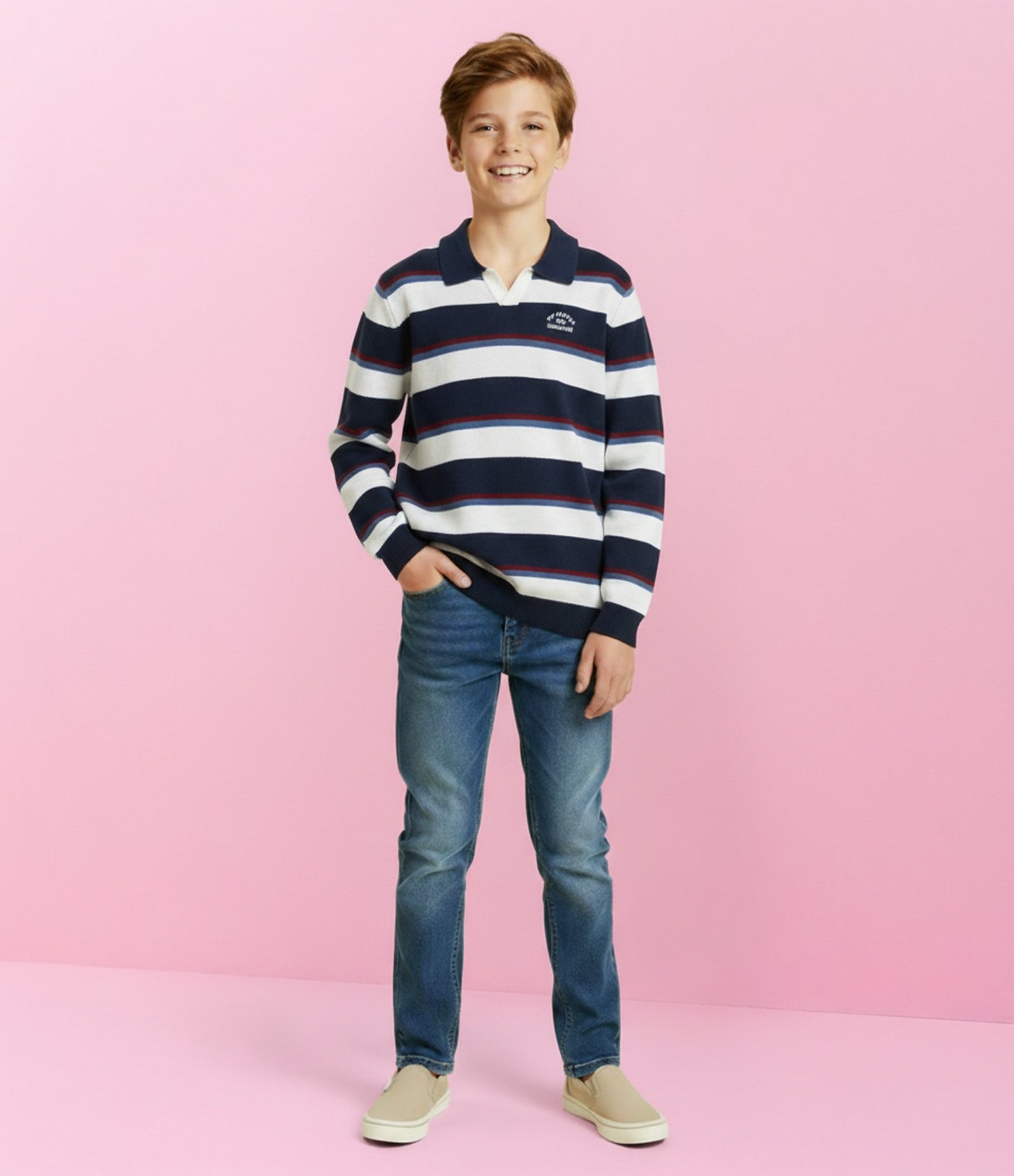 Casaco Infantil em Efeito Tricô com Listras – Tam 5 a 14 Anos Azul/Branco/Vermelho 1