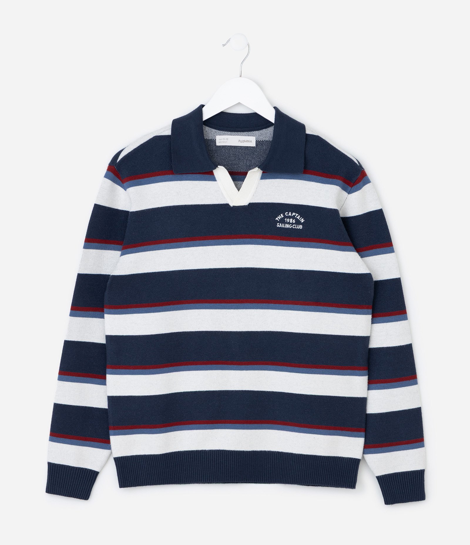 Casaco Infantil em Efeito Tricô com Listras – Tam 5 a 14 Anos Azul/Branco/Vermelho 2