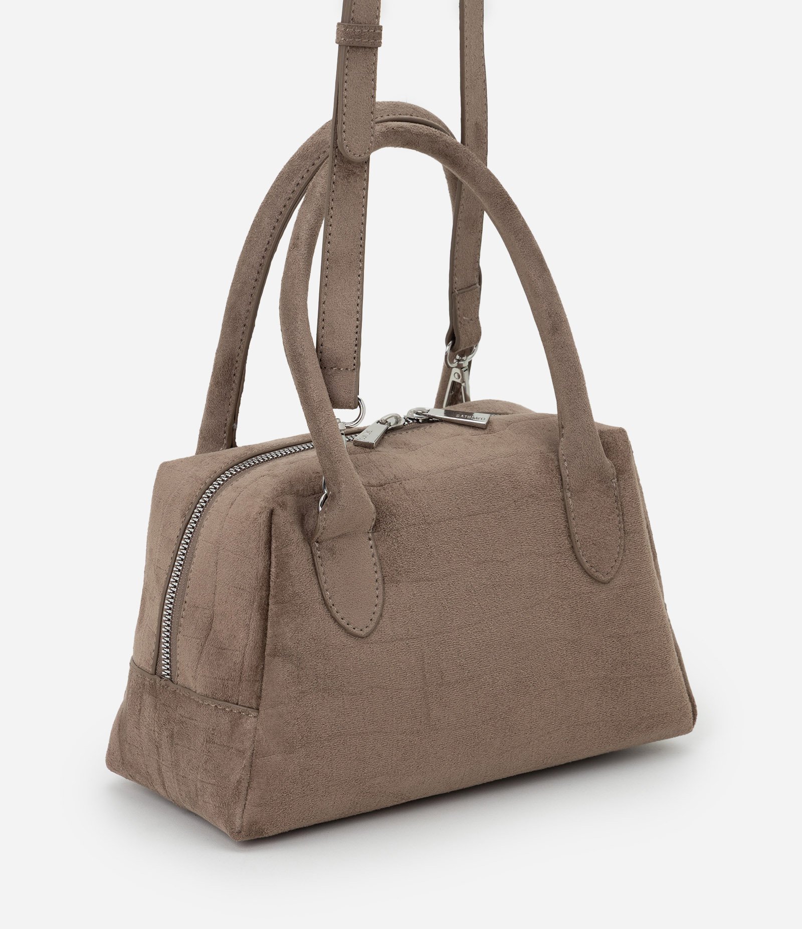 Bolsa Satchel Média em Suede com Textura Croco Bege 2