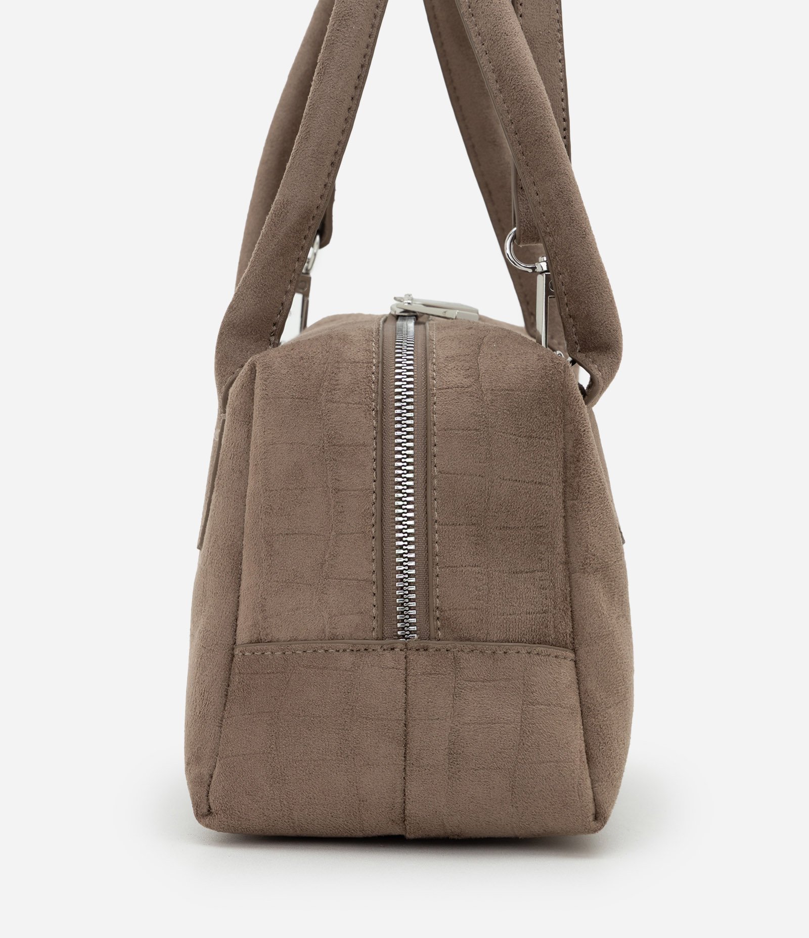 Bolsa Satchel Média em Suede com Textura Croco Bege 3