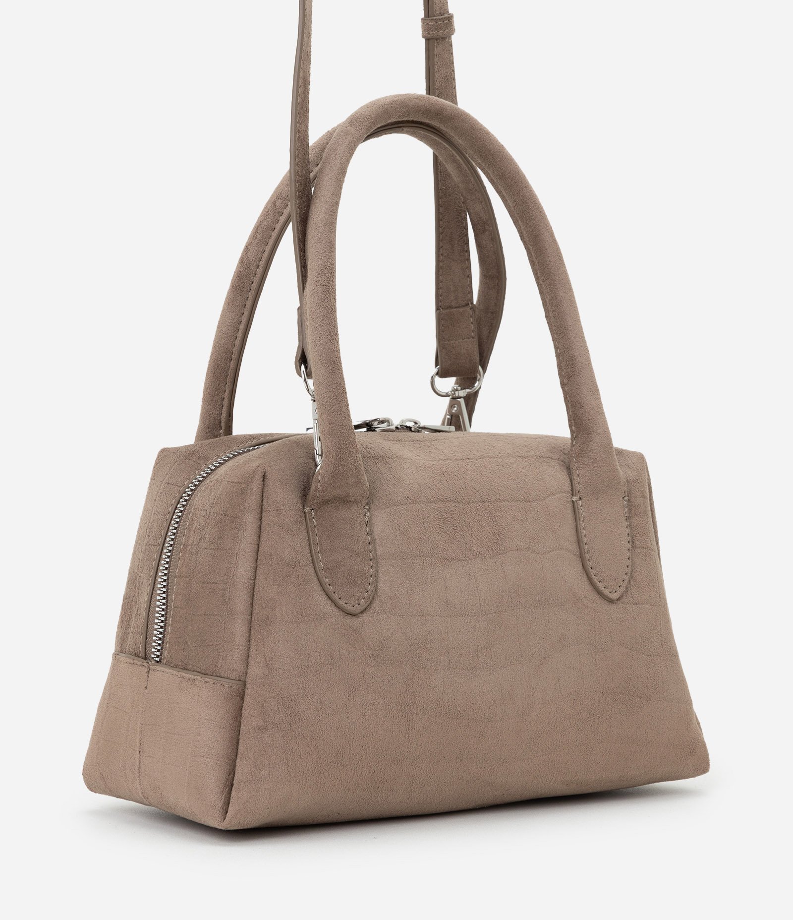 Bolsa Satchel Média em Suede com Textura Croco Bege 4