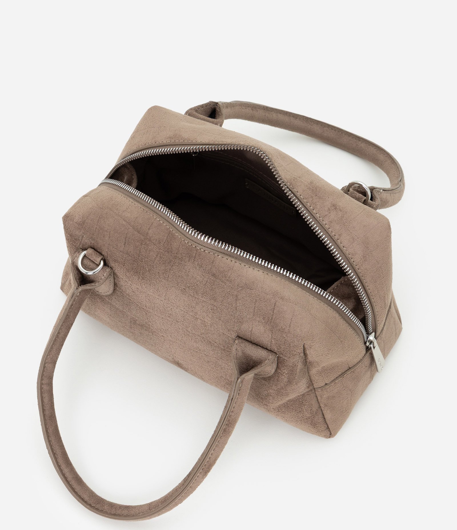 Bolsa Satchel Média em Suede com Textura Croco Bege 6