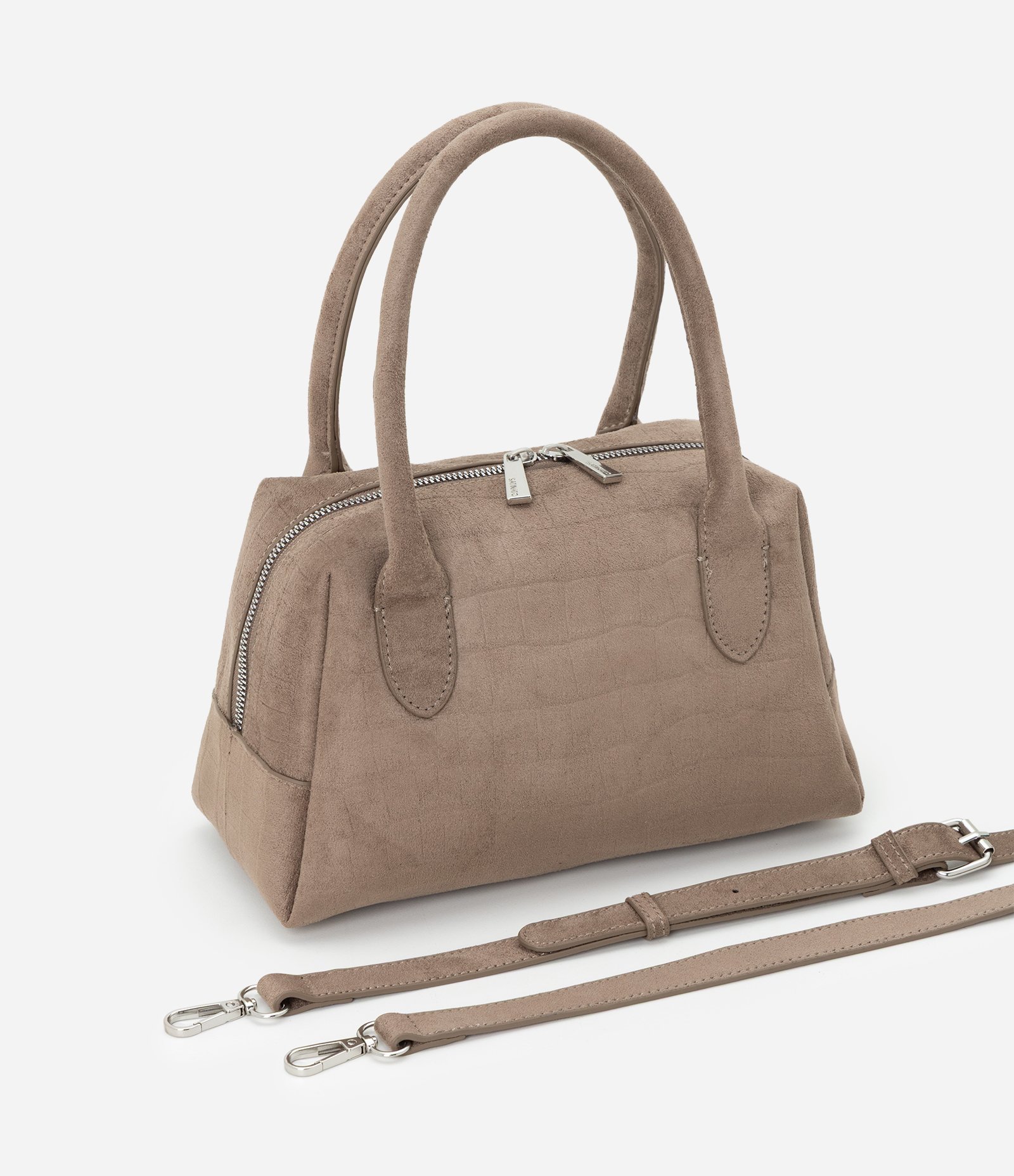Bolsa Satchel Média em Suede com Textura Croco Bege 8