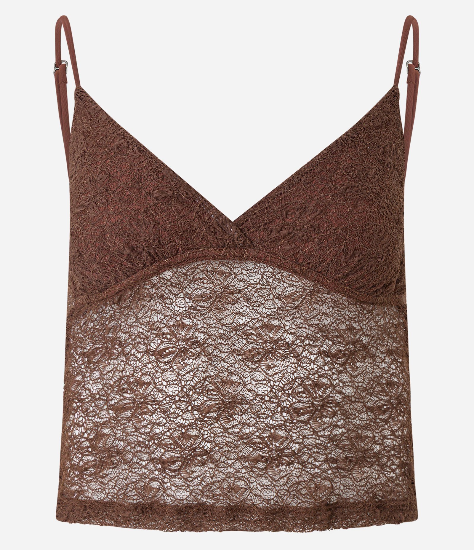 Blusa em Renda com Alça Fina e Textura Marrom 1