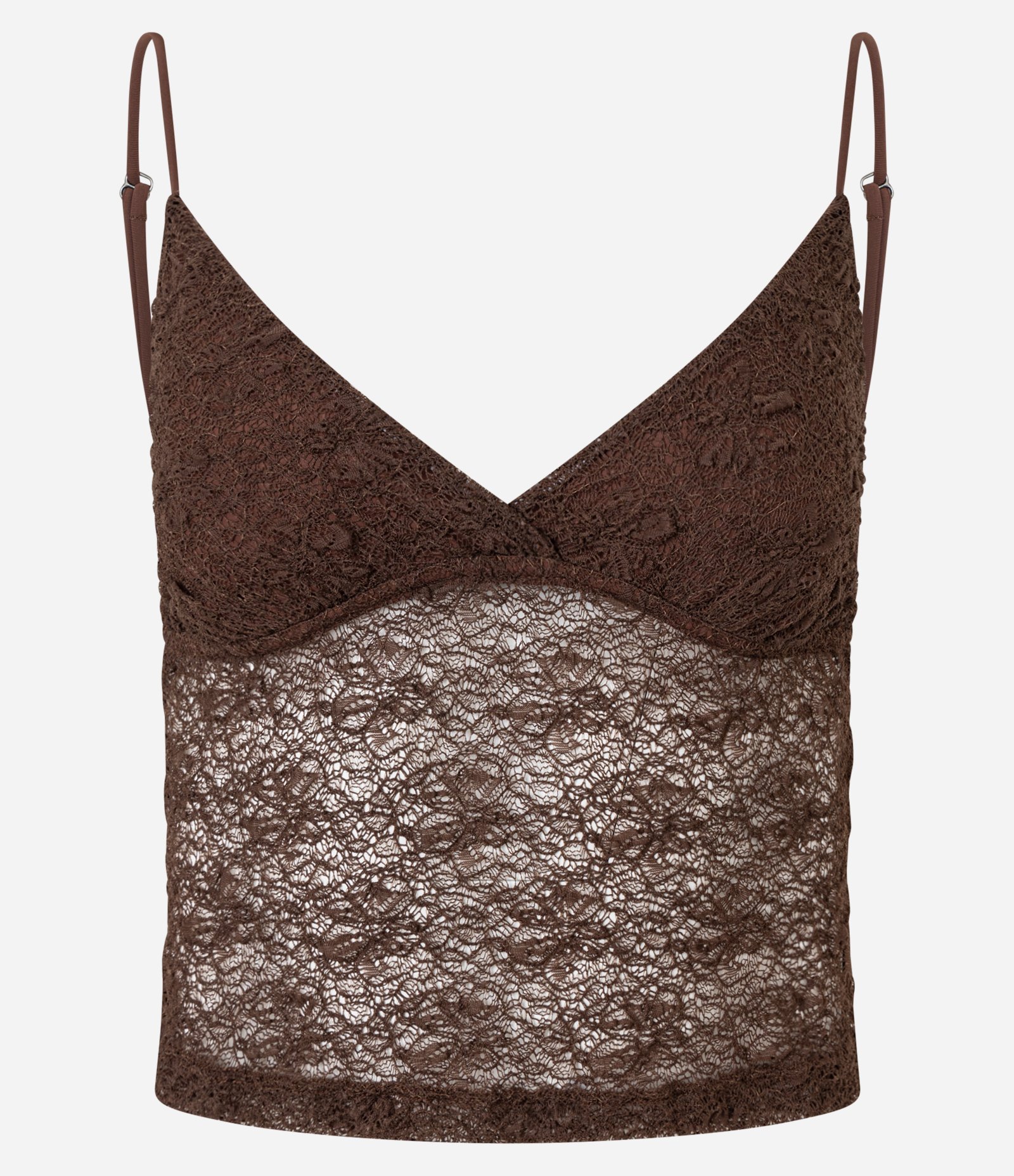 Blusa em Renda com Alça Fina e Textura Marrom 2