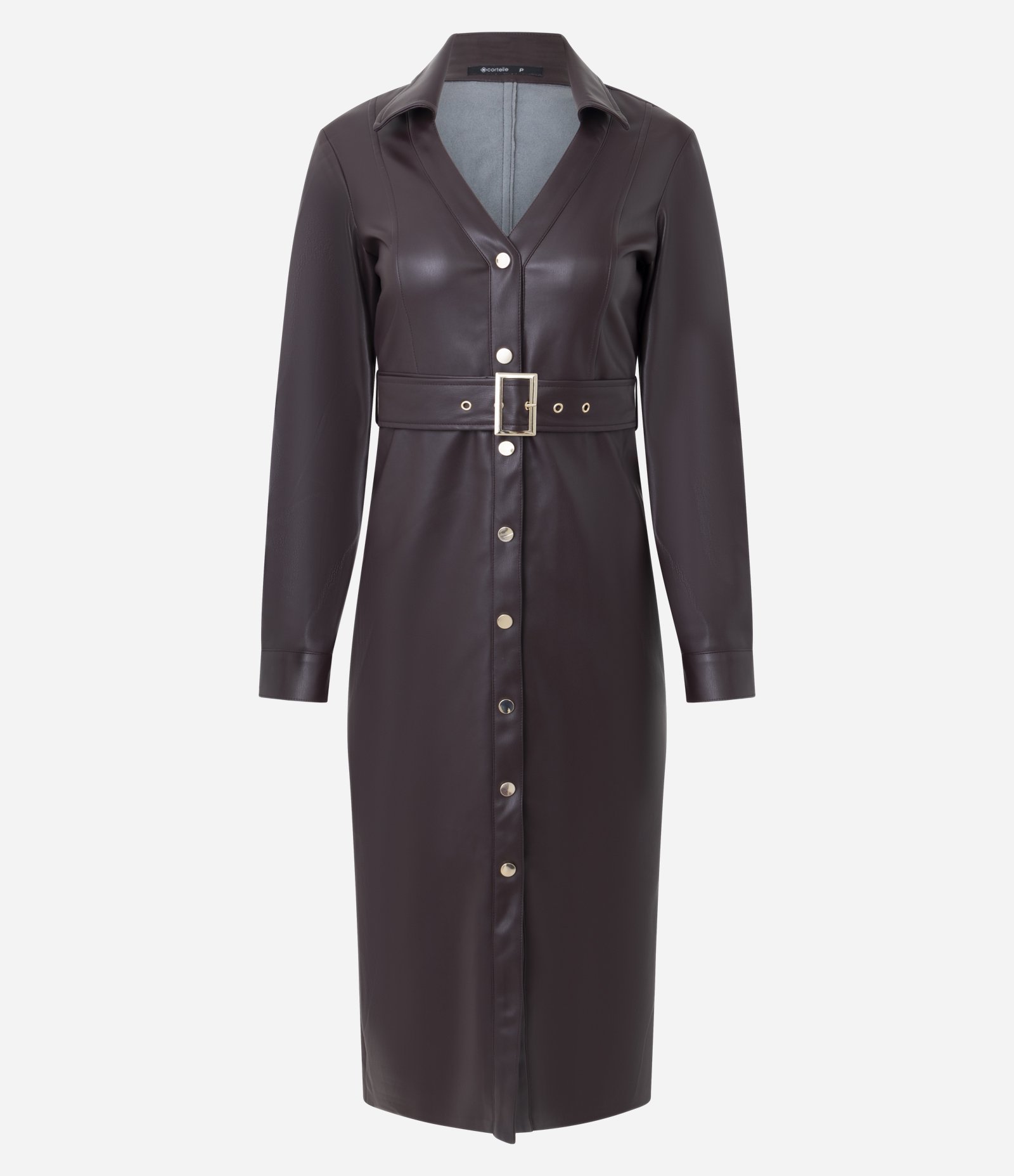 Vestido Chemise Midi em PU com Cinto Ajustável Marrom 1