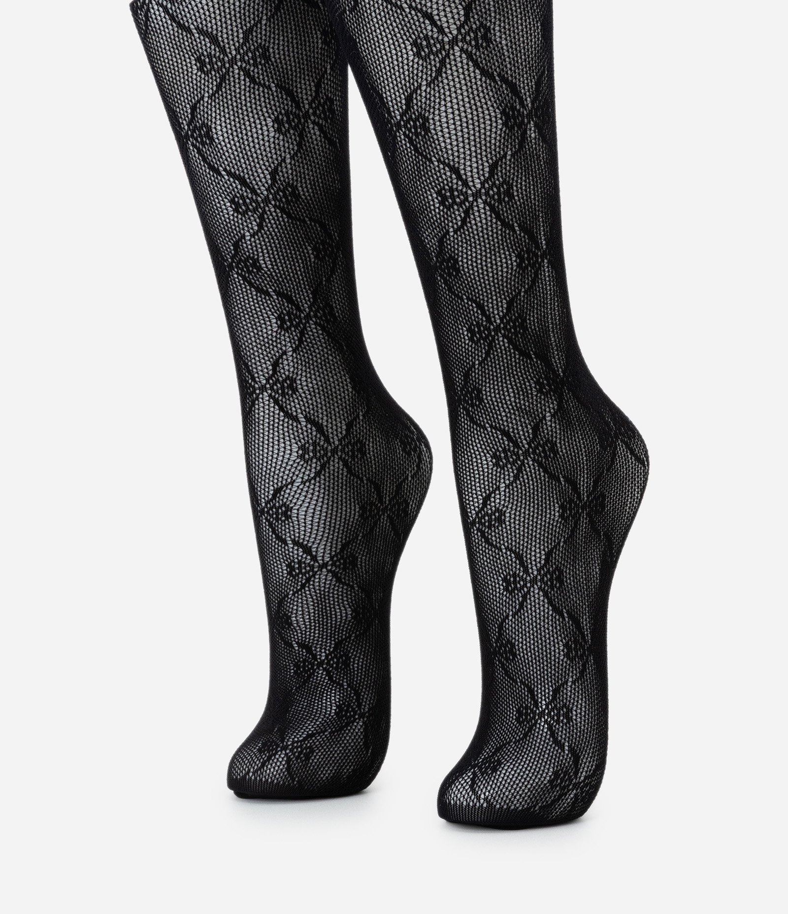 Meia Calça com Trama Vazada de Lacinhos Preto 1