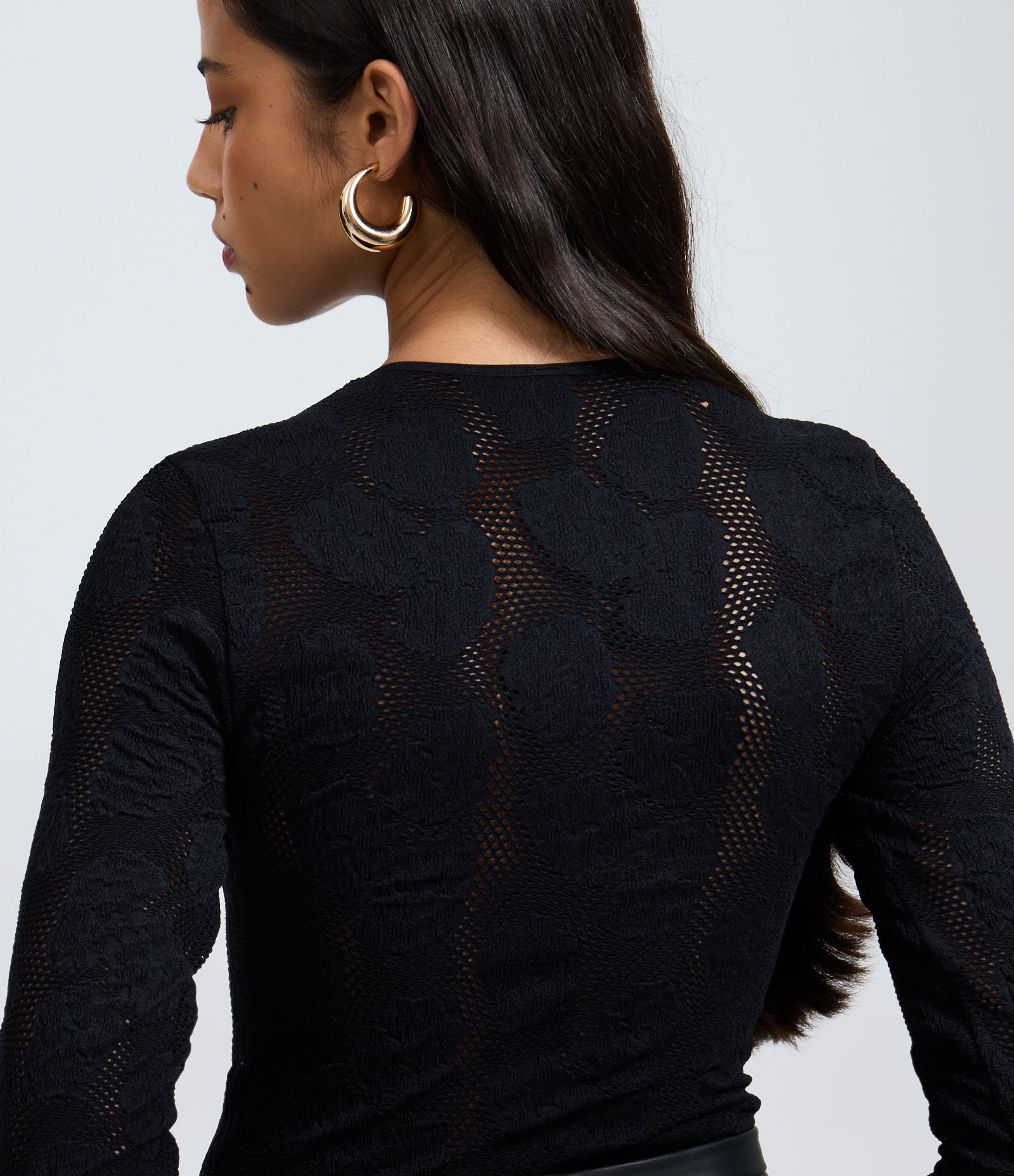 Body Manga Longa Seamless com Textura Rendada Preto 4