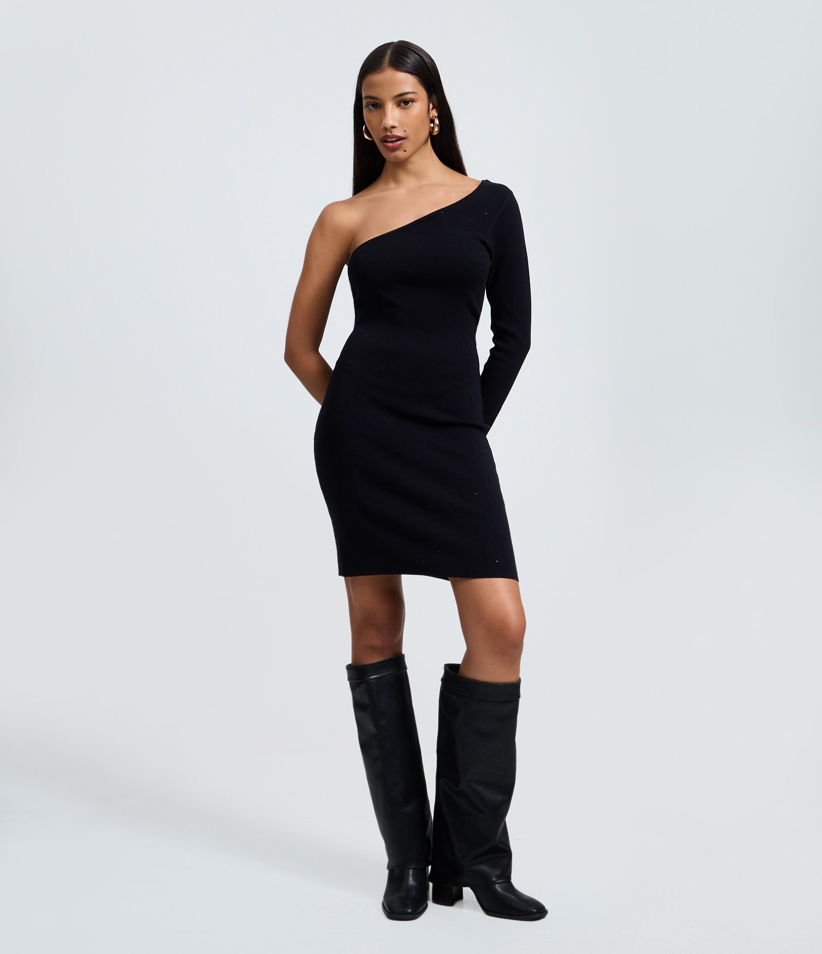 Vestido Ombro Único em Tricô com Brilho Preto 1